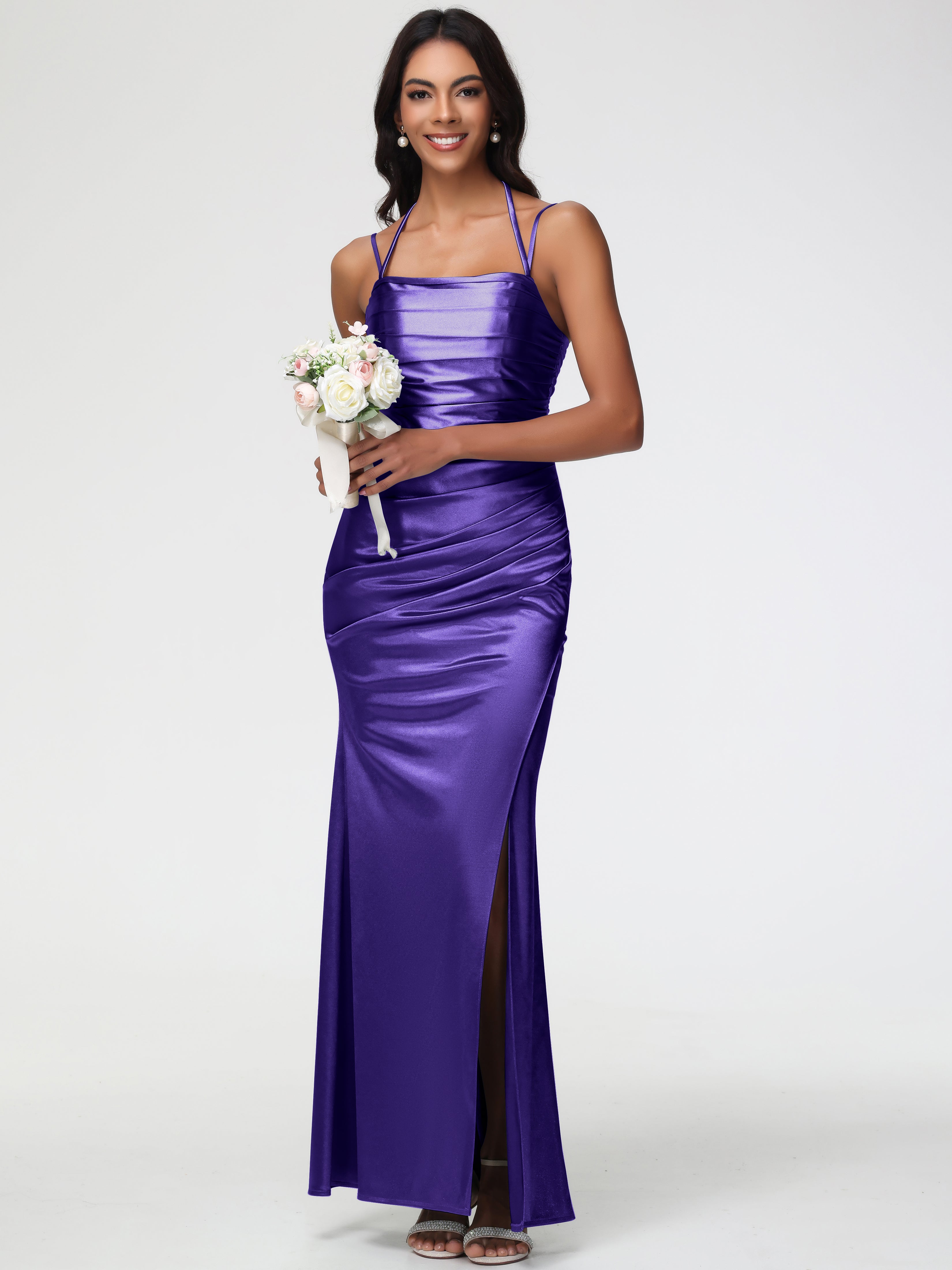 Robes De Demoiselle D'Honneur Régence Col Bénitier Satin Extensible Fendue Robe De Demoiselle D'Honneur À Fines Bretelles