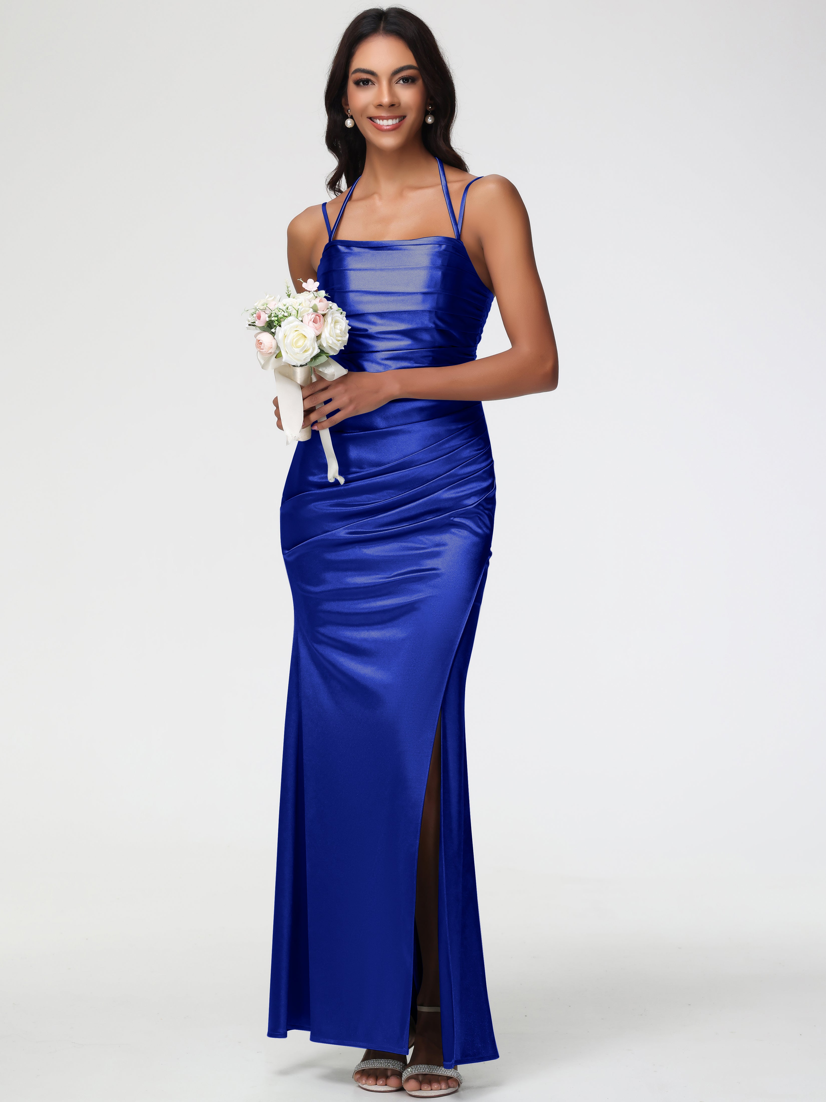Robe De Demoiselle D Honneur Bleu Royal Col Bénitier Satin Extensible Fendue Robe De Demoiselle D'Honneur À Fines Bretelles