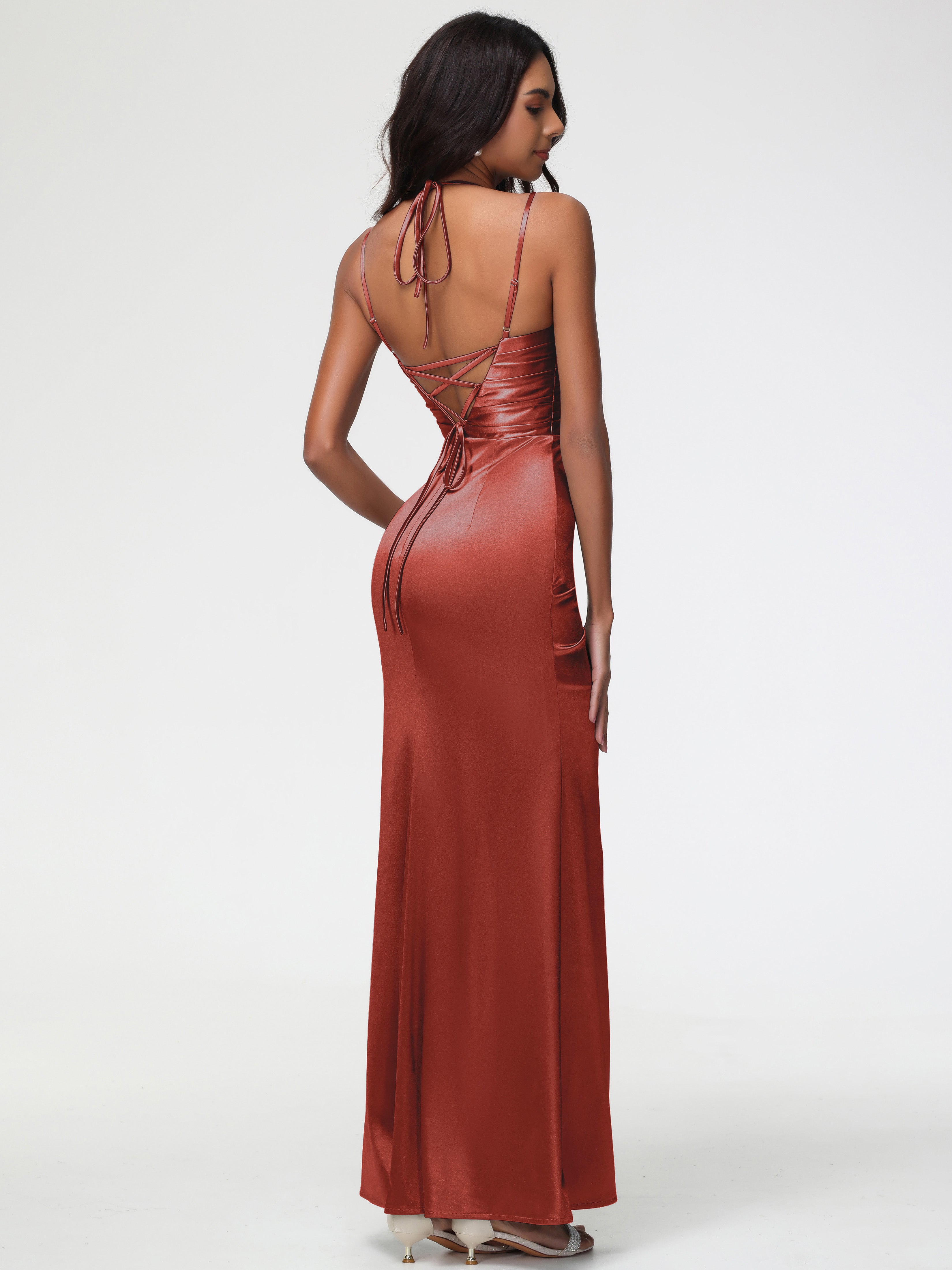 Robe Demoiselle D Honneur Couleur Rouille Col Bénitier Satin Extensible Fendue Robe De Demoiselle D'Honneur À Fines Bretelles