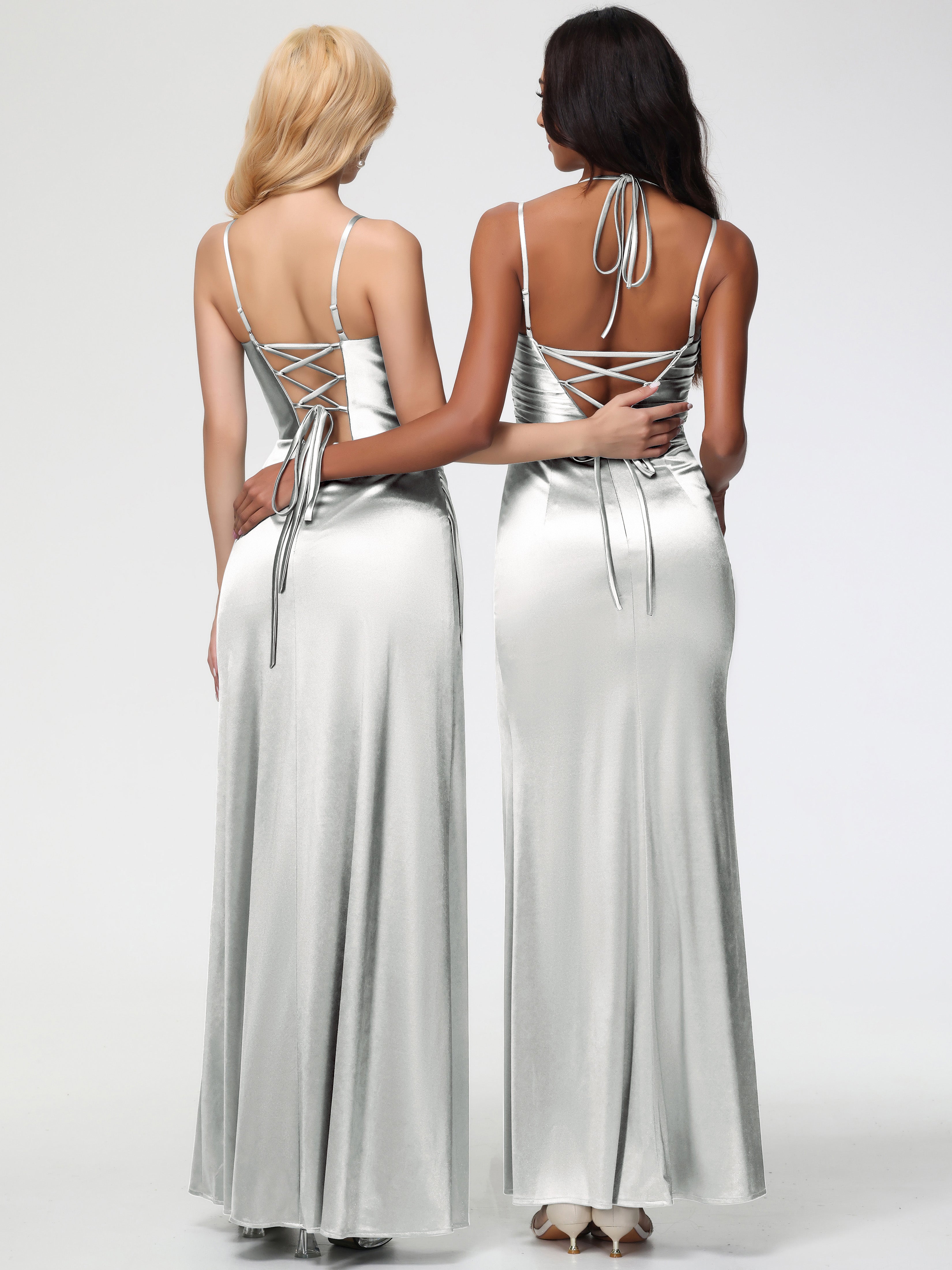 Robe Argentée Demoiselle D Honneur Col Bénitier Satin Extensible Fendue Robe De Demoiselle D'Honneur À Fines Bretelles