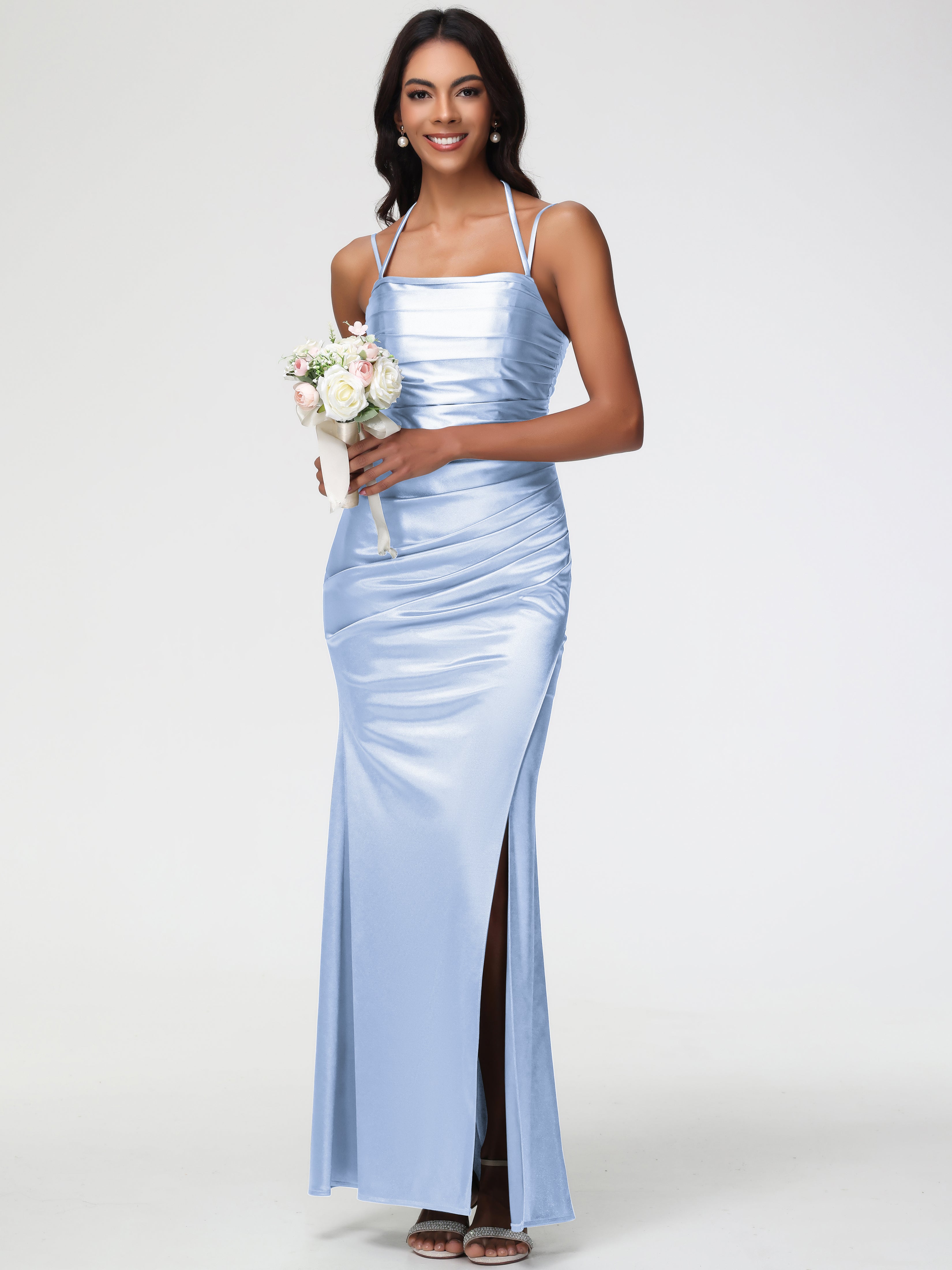 Demoiselle D Honneur Bleu Ciel Col Bénitier Satin Extensible Fendue Robe De Demoiselle D'Honneur À Fines Bretelles