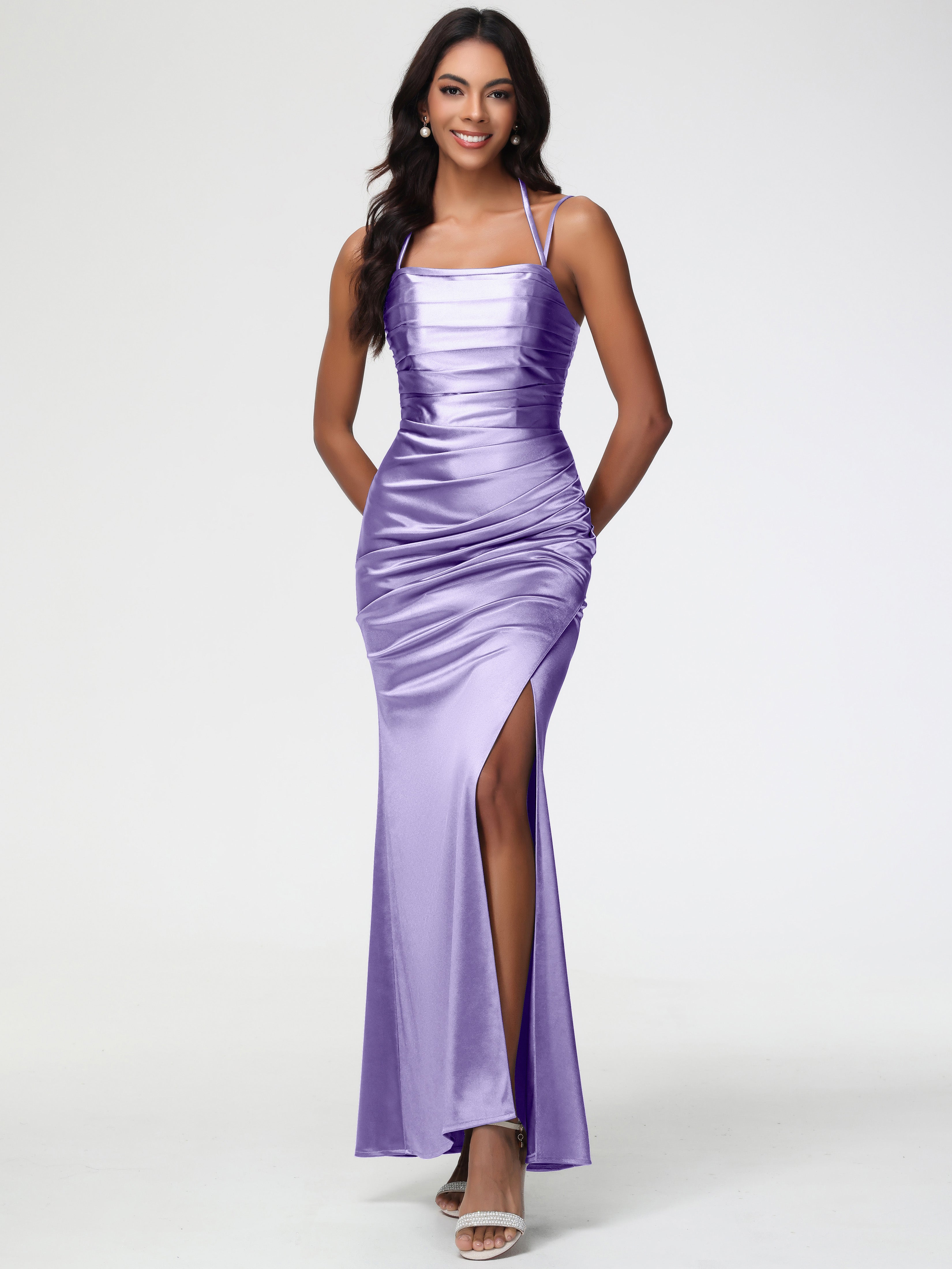 Robes De Demoiselle D'Honneur Tahiti Col Bénitier Satin Extensible Fendue Robe De Demoiselle D'Honneur À Fines Bretelles