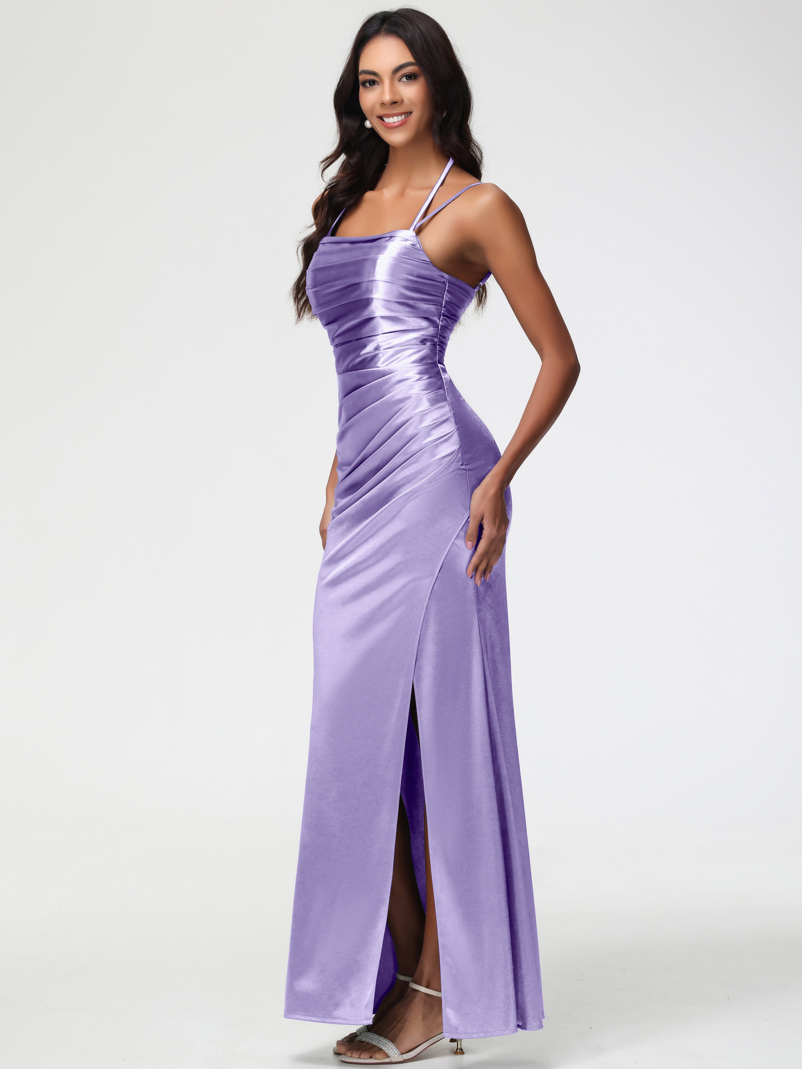 Robes De Demoiselle D'Honneur Tahiti Col Bénitier Satin Extensible Fendue Robe De Demoiselle D'Honneur À Fines Bretelles