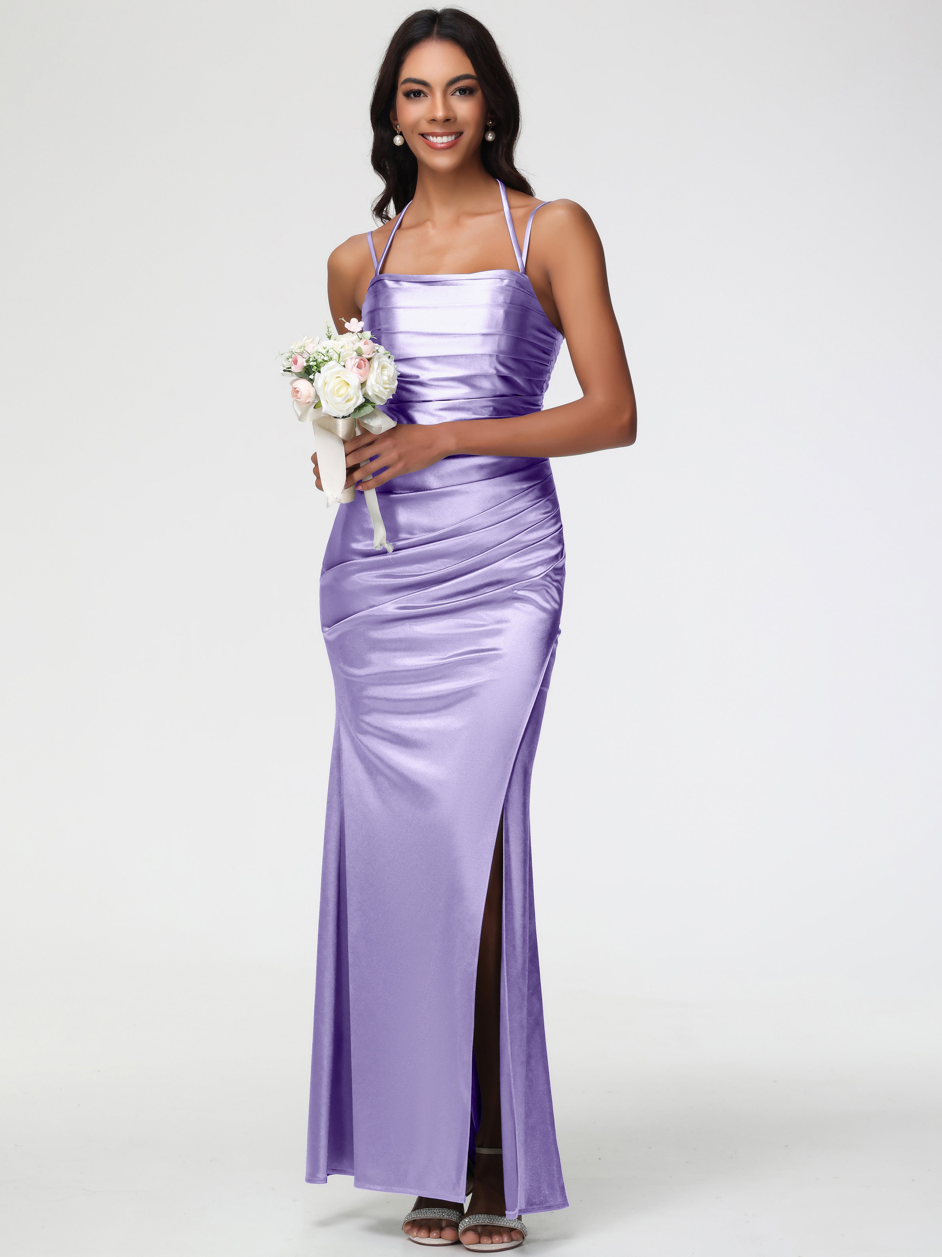 Robes De Demoiselle D'Honneur Tahiti Col Bénitier Satin Extensible Fendue Robe De Demoiselle D'Honneur À Fines Bretelles