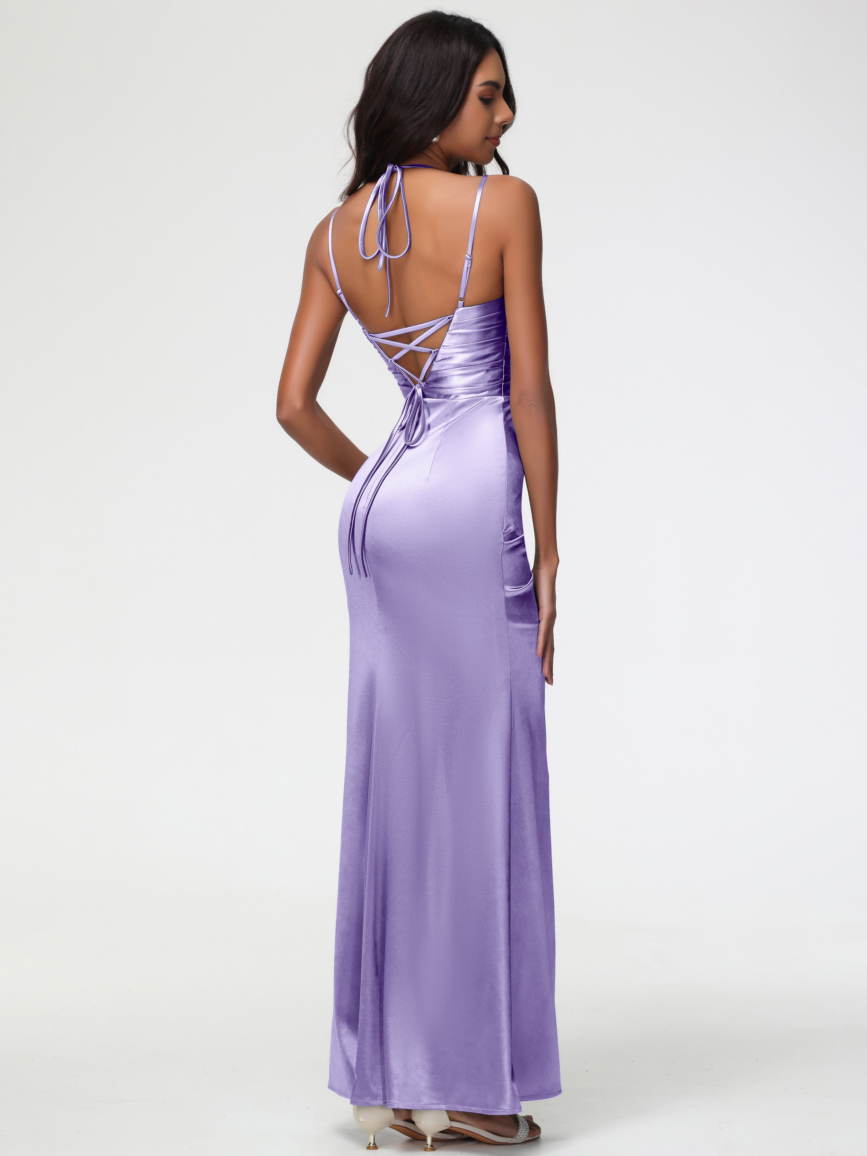 Robes De Demoiselle D'Honneur Tahiti Col Bénitier Satin Extensible Fendue Robe De Demoiselle D'Honneur À Fines Bretelles