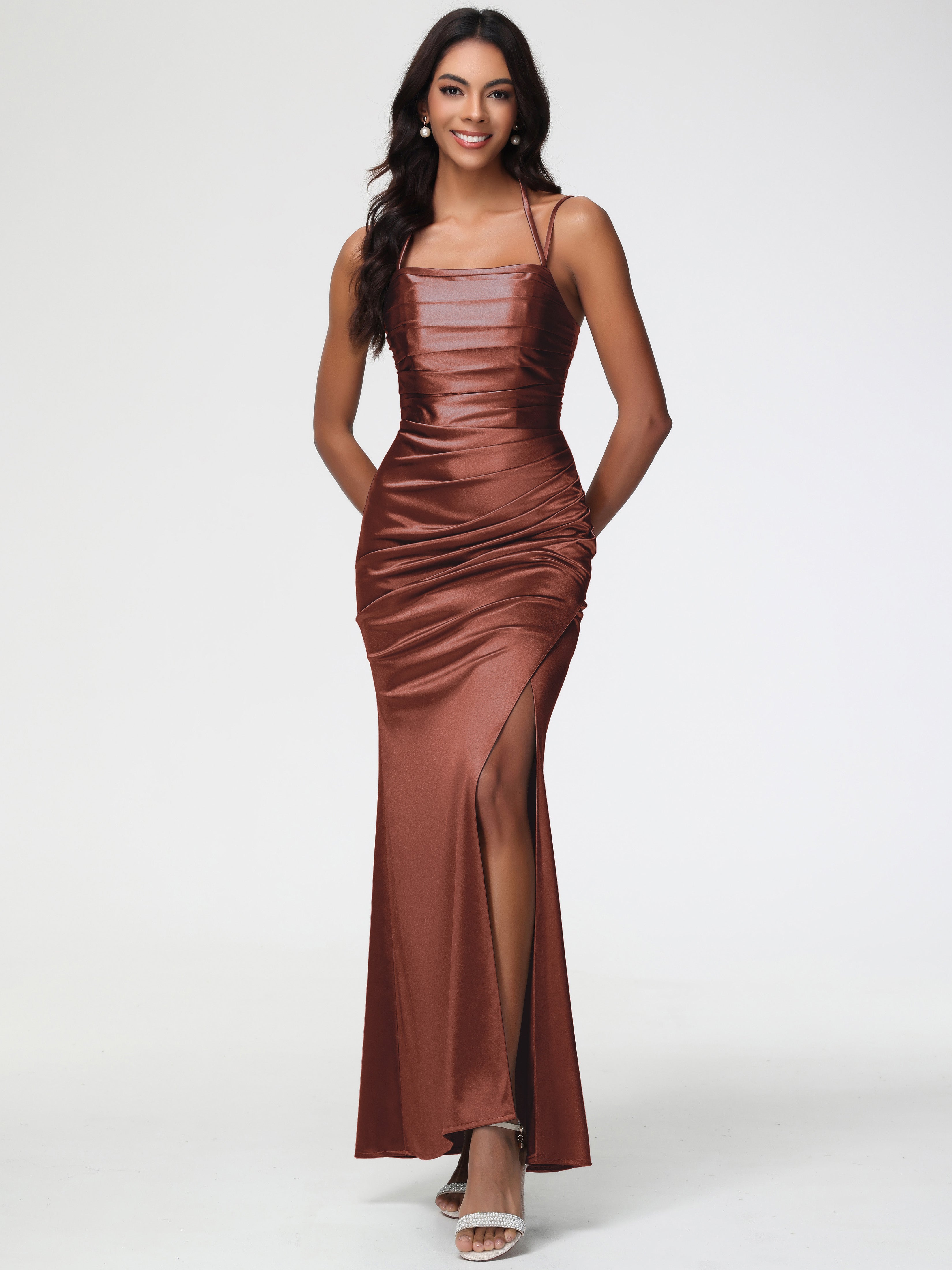 Robe Terracotta Demoiselle D Honneur Col Bénitier Satin Extensible Fendue Robe De Demoiselle D'Honneur À Fines Bretelles