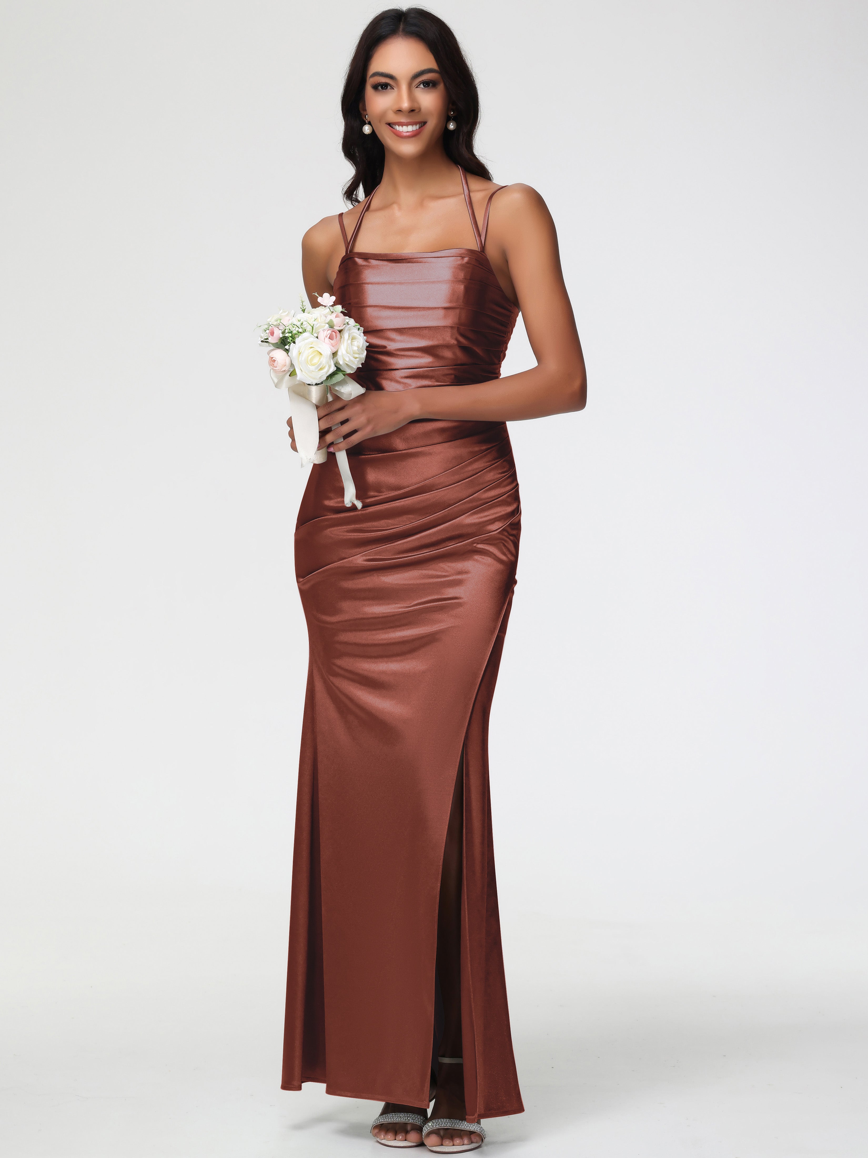 Robe Terracotta Demoiselle D Honneur Col Bénitier Satin Extensible Fendue Robe De Demoiselle D'Honneur À Fines Bretelles