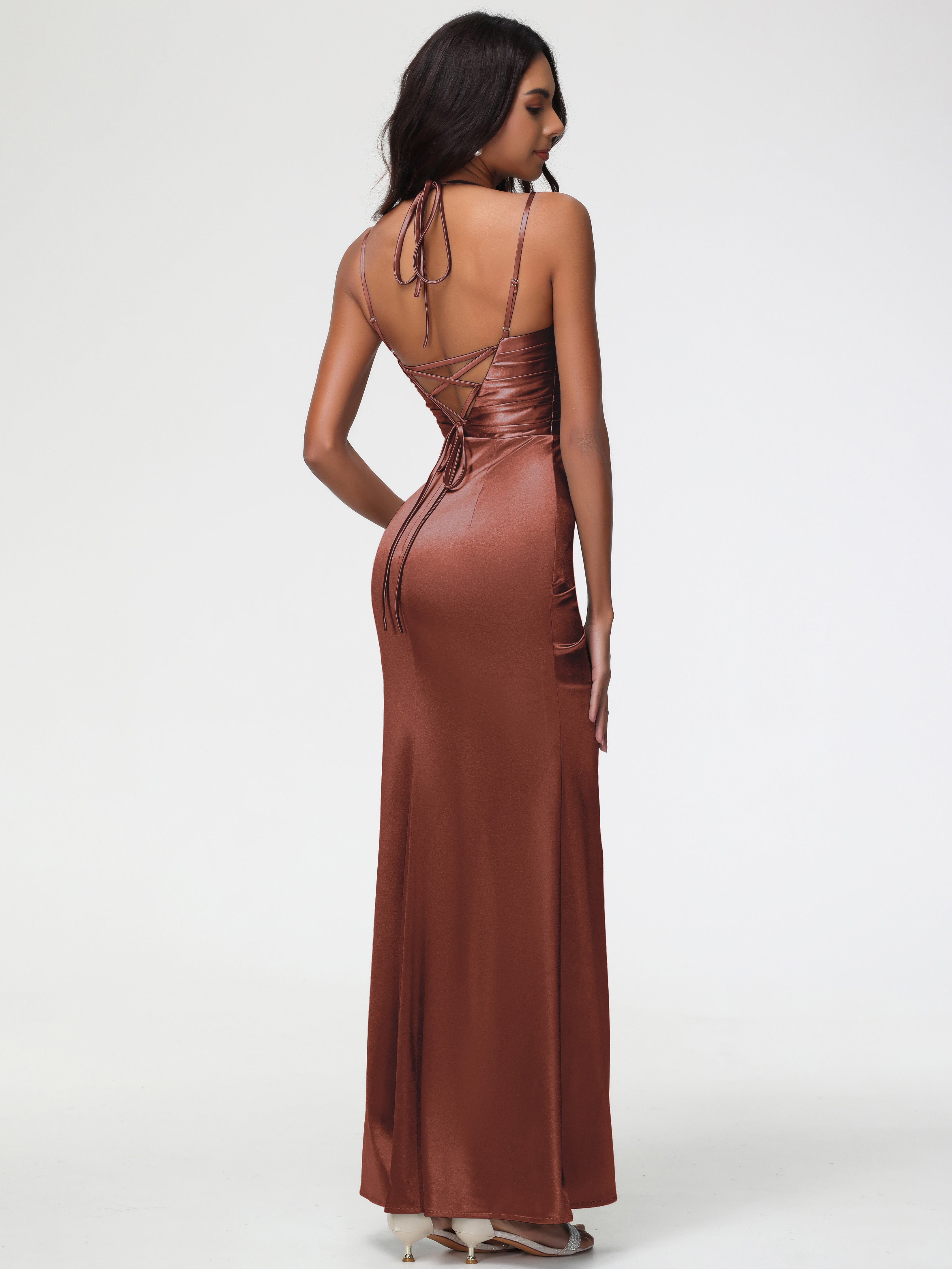 Robe Terracotta Demoiselle D Honneur Col Bénitier Satin Extensible Fendue Robe De Demoiselle D'Honneur À Fines Bretelles