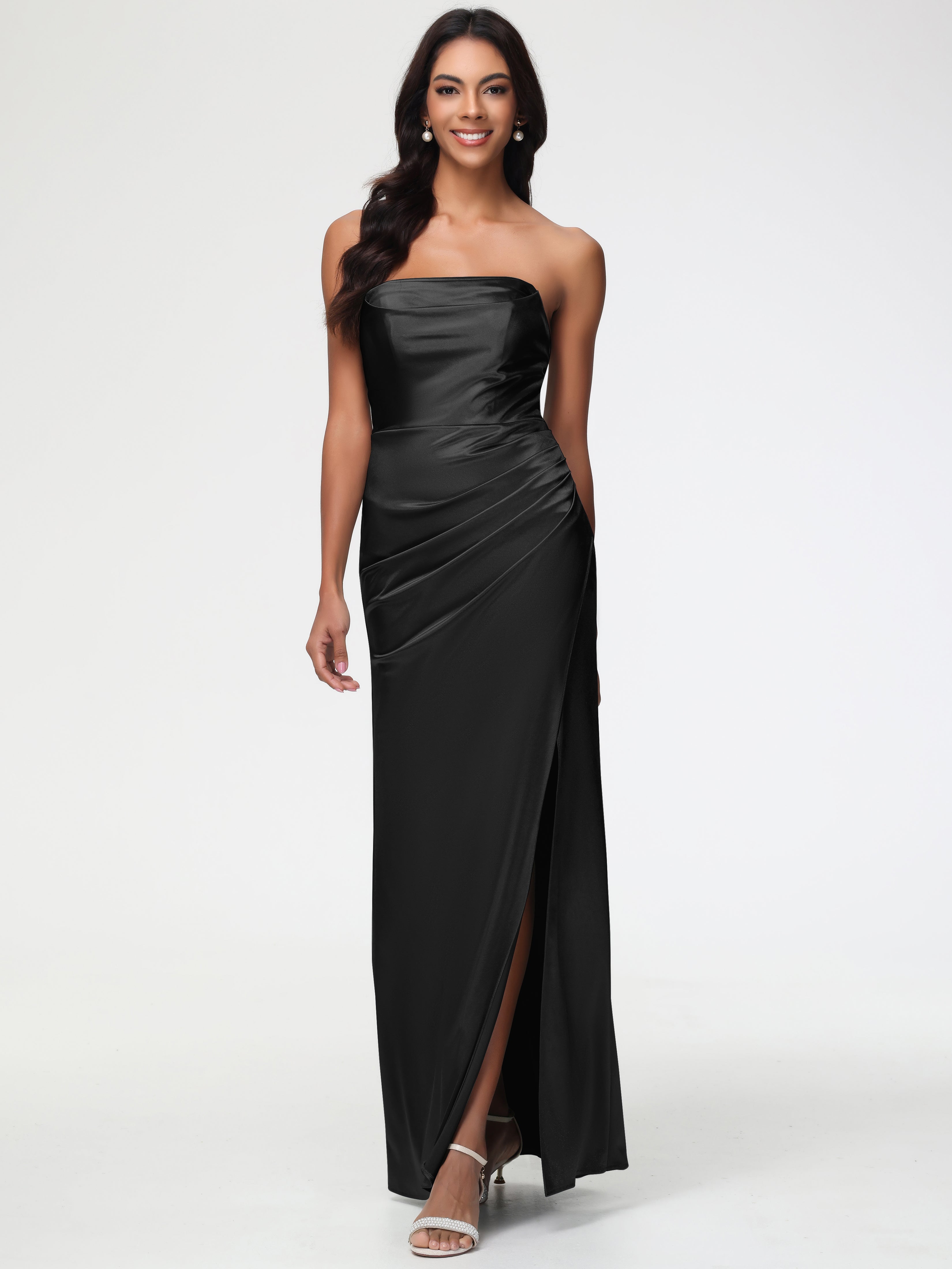 Robe Demoiselle D Honneur Noire Sans Bretelle Satin Extensible Robe De Demoiselle D'Honneur Longue Plissée