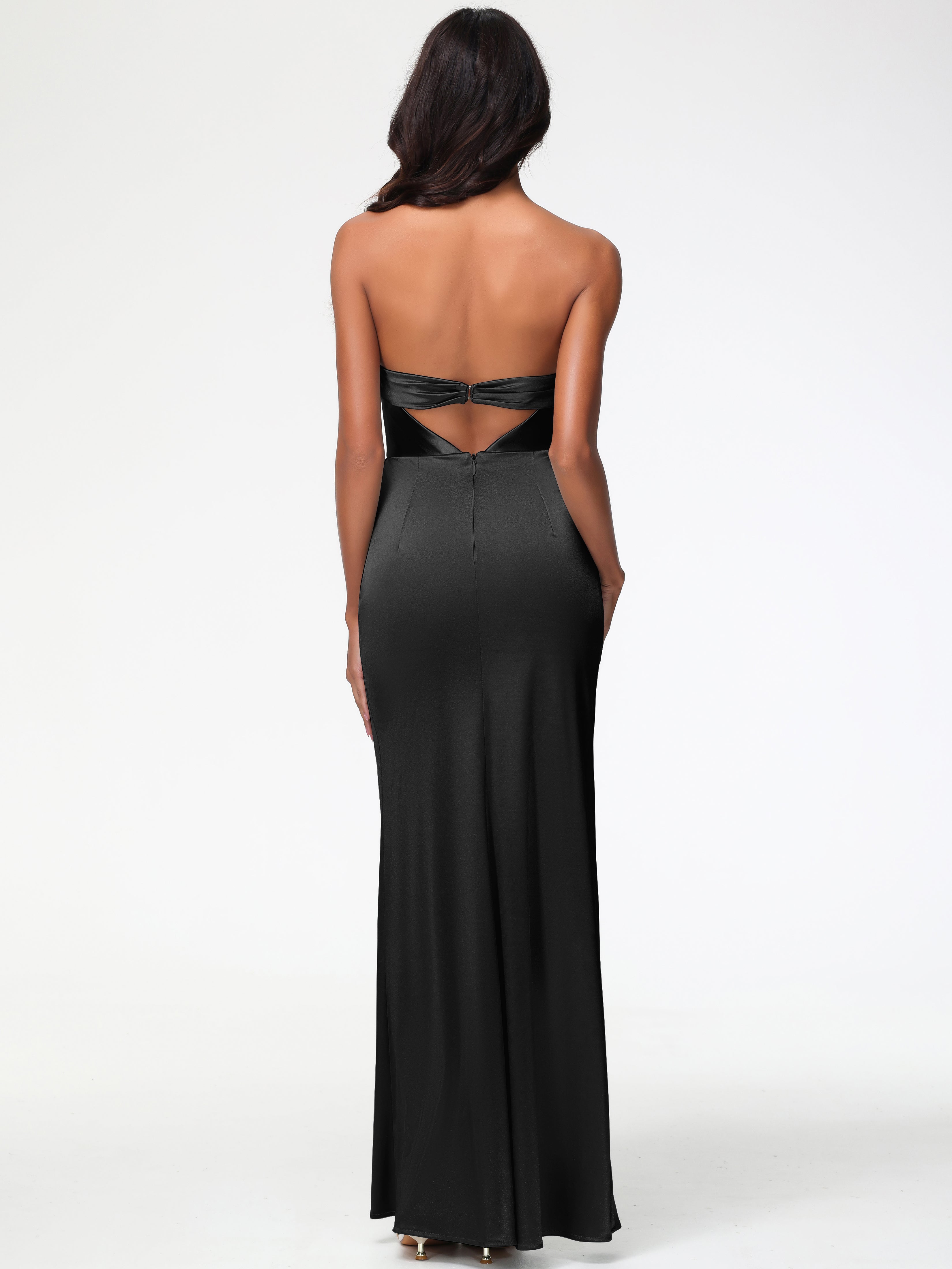 Robe Demoiselle D Honneur Noire Sans Bretelle Satin Extensible Robe De Demoiselle D'Honneur Longue Plissée
