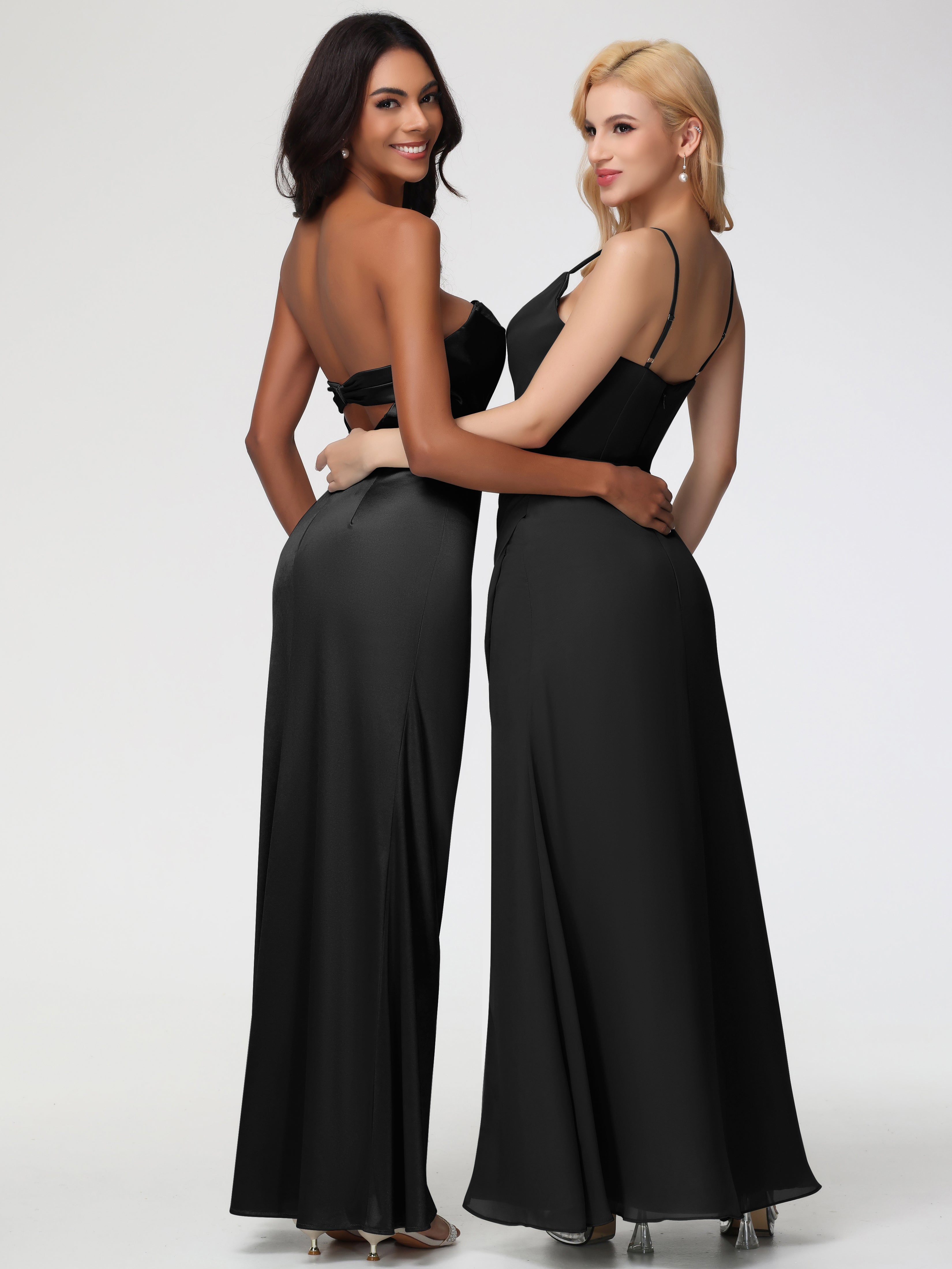 Robe Demoiselle D Honneur Noire Sans Bretelle Satin Extensible Robe De Demoiselle D'Honneur Longue Plissée