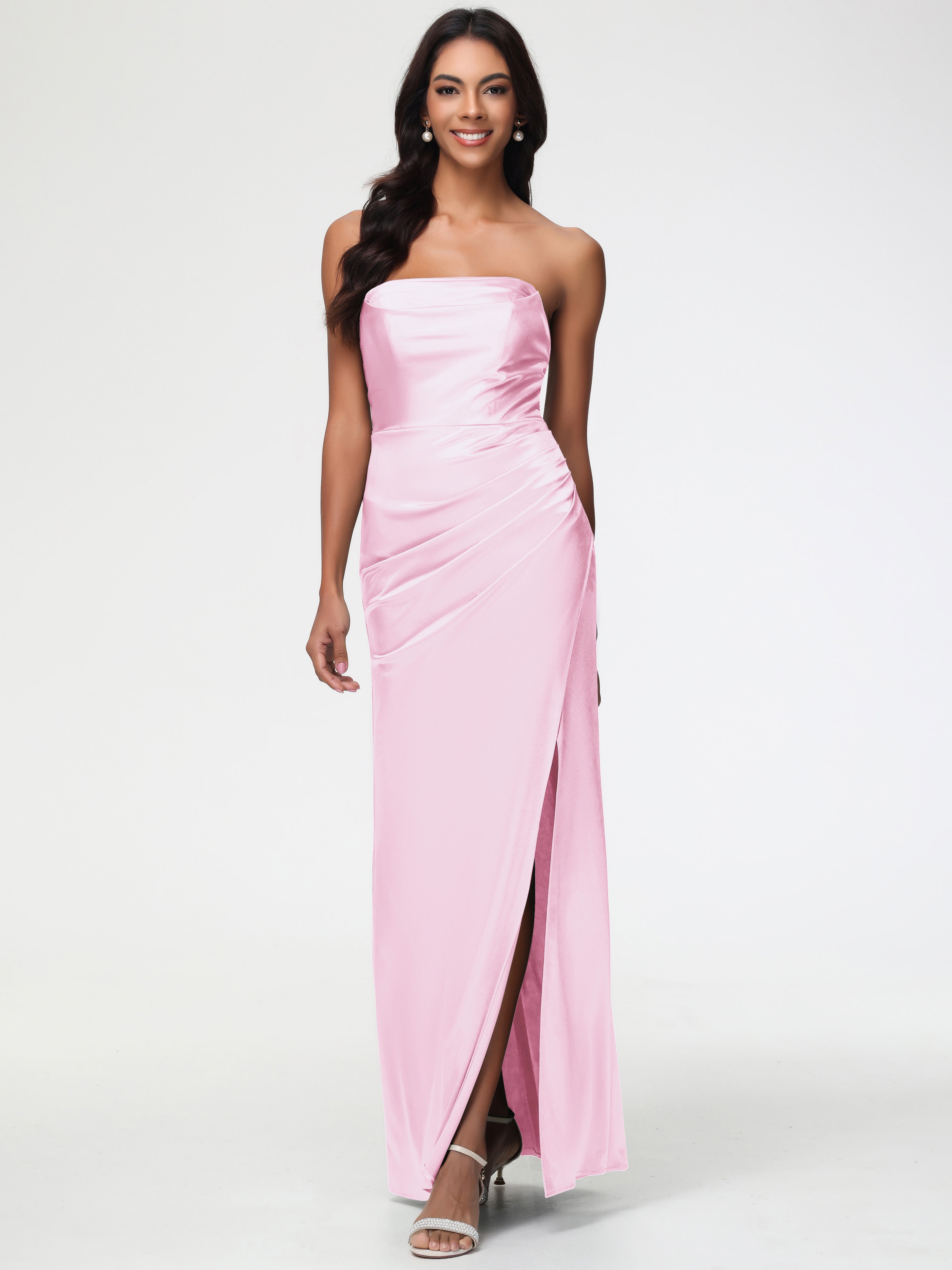 Robe Demoiselle Dhonneur Rose Pale Sans Bretelle Satin Extensible Robe De Demoiselle D'Honneur Longue Plissée