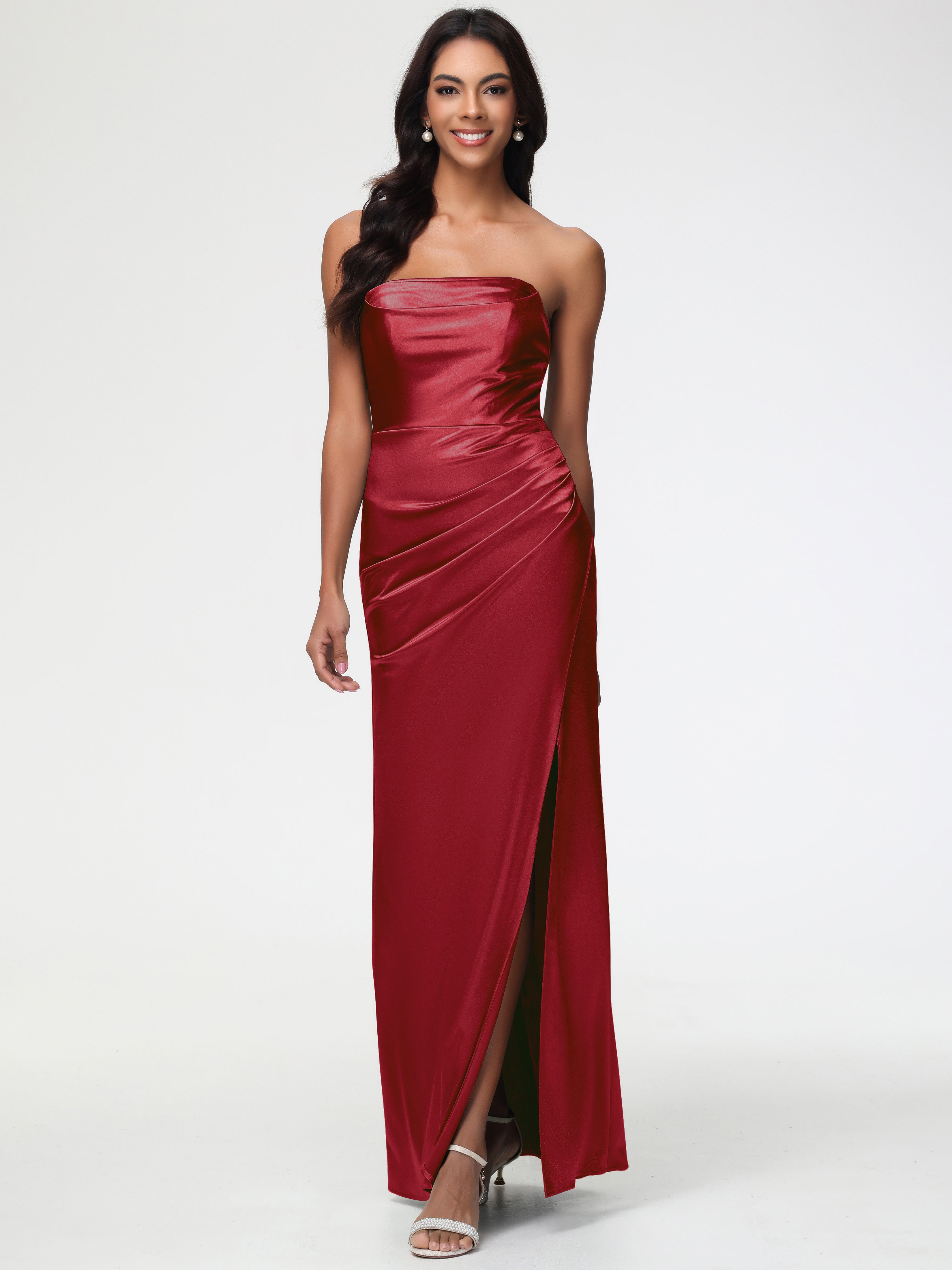 Robe Demoiselle D Honneur Rouge Bordeaux Sans Bretelle Satin Extensible Robe De Demoiselle D'Honneur Longue Plissée