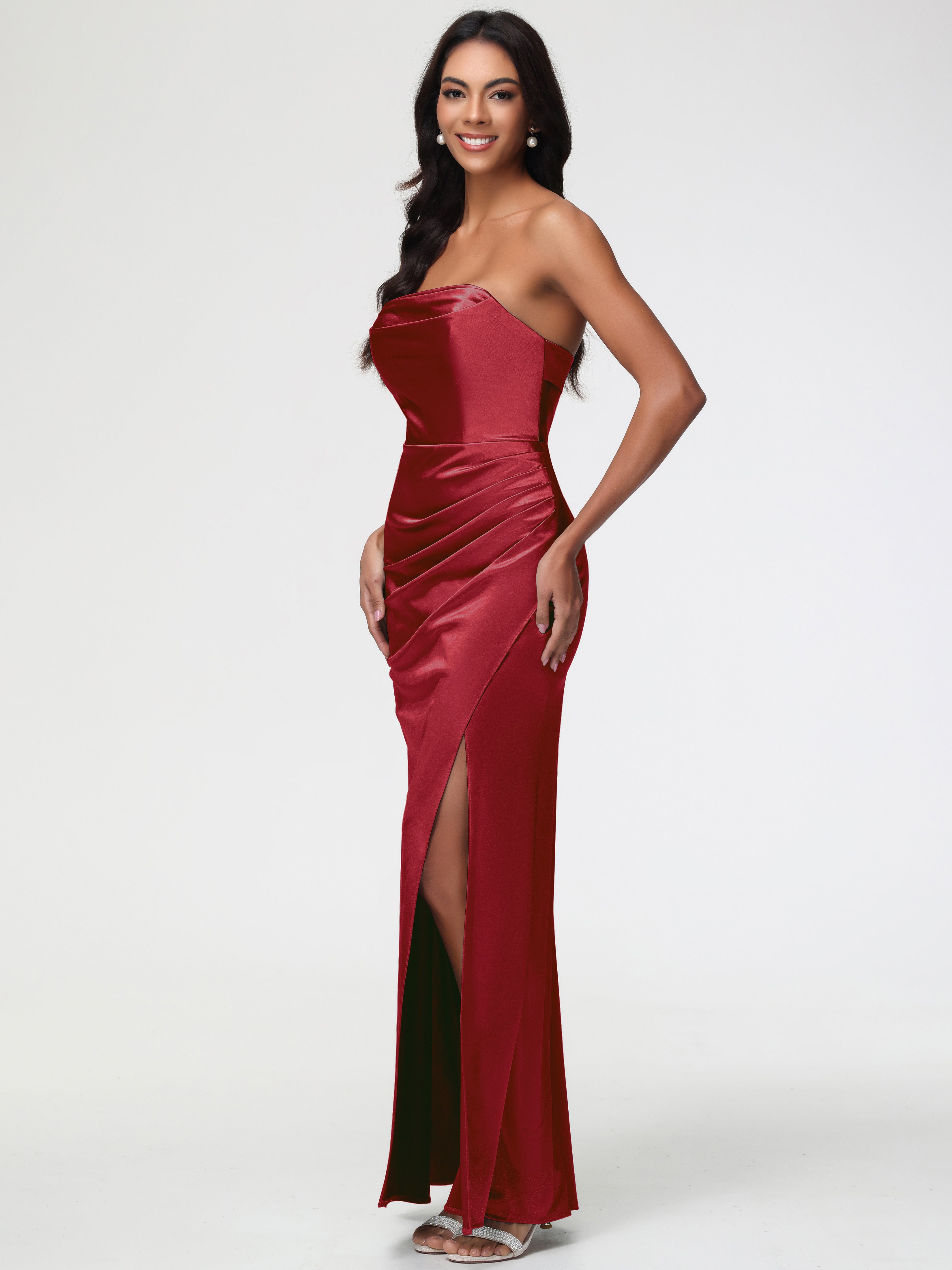 Robe Demoiselle D Honneur Rouge Bordeaux Sans Bretelle Satin Extensible Robe De Demoiselle D'Honneur Longue Plissée