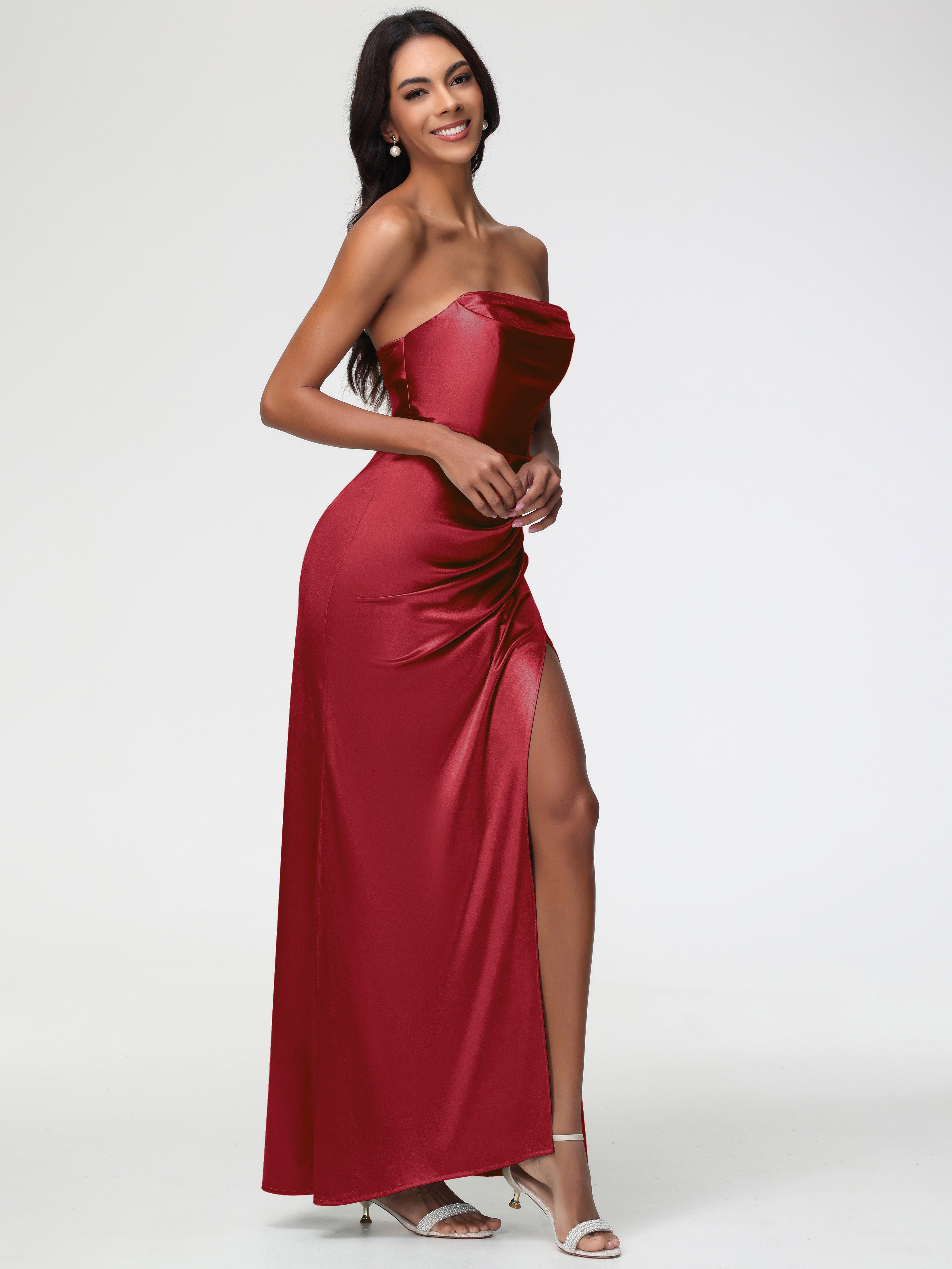 Robe Demoiselle D Honneur Rouge Bordeaux Sans Bretelle Satin Extensible Robe De Demoiselle D'Honneur Longue Plissée