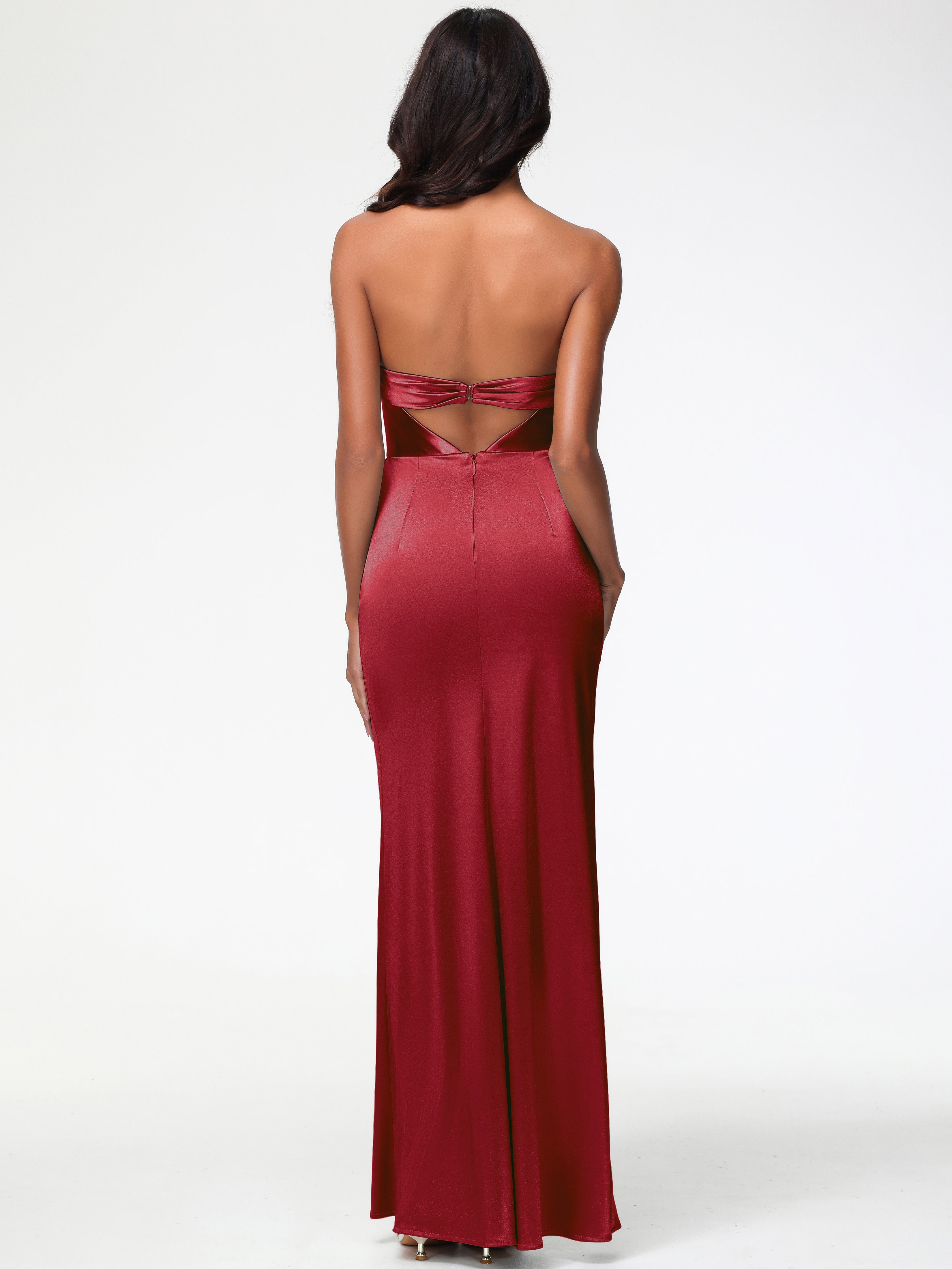 Robe Demoiselle D Honneur Rouge Bordeaux Sans Bretelle Satin Extensible Robe De Demoiselle D'Honneur Longue Plissée