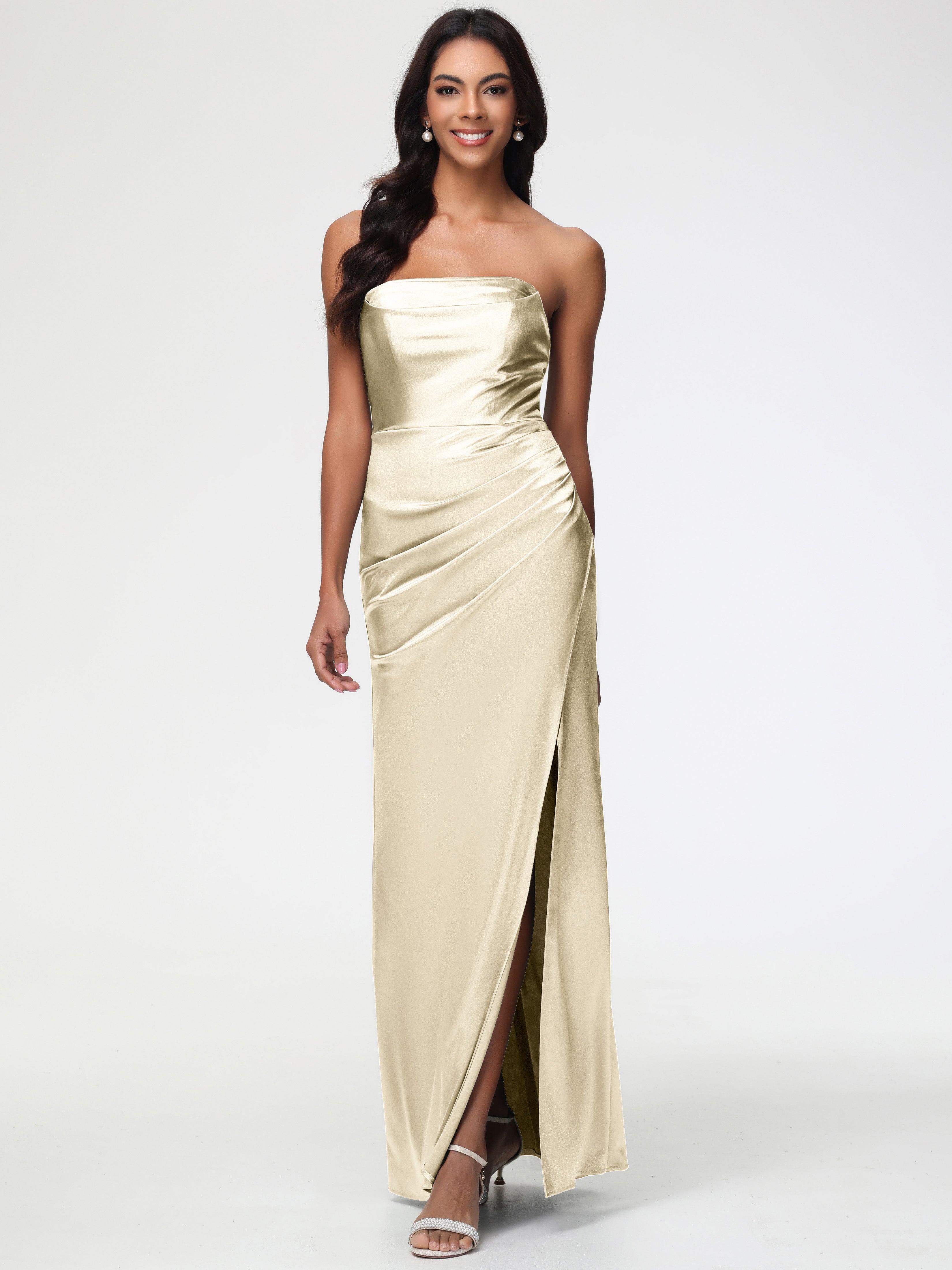 Robe De Demoiselle D Honneur Champagne Sans Bretelle Satin Extensible Robe De Demoiselle D'Honneur Longue Plissée