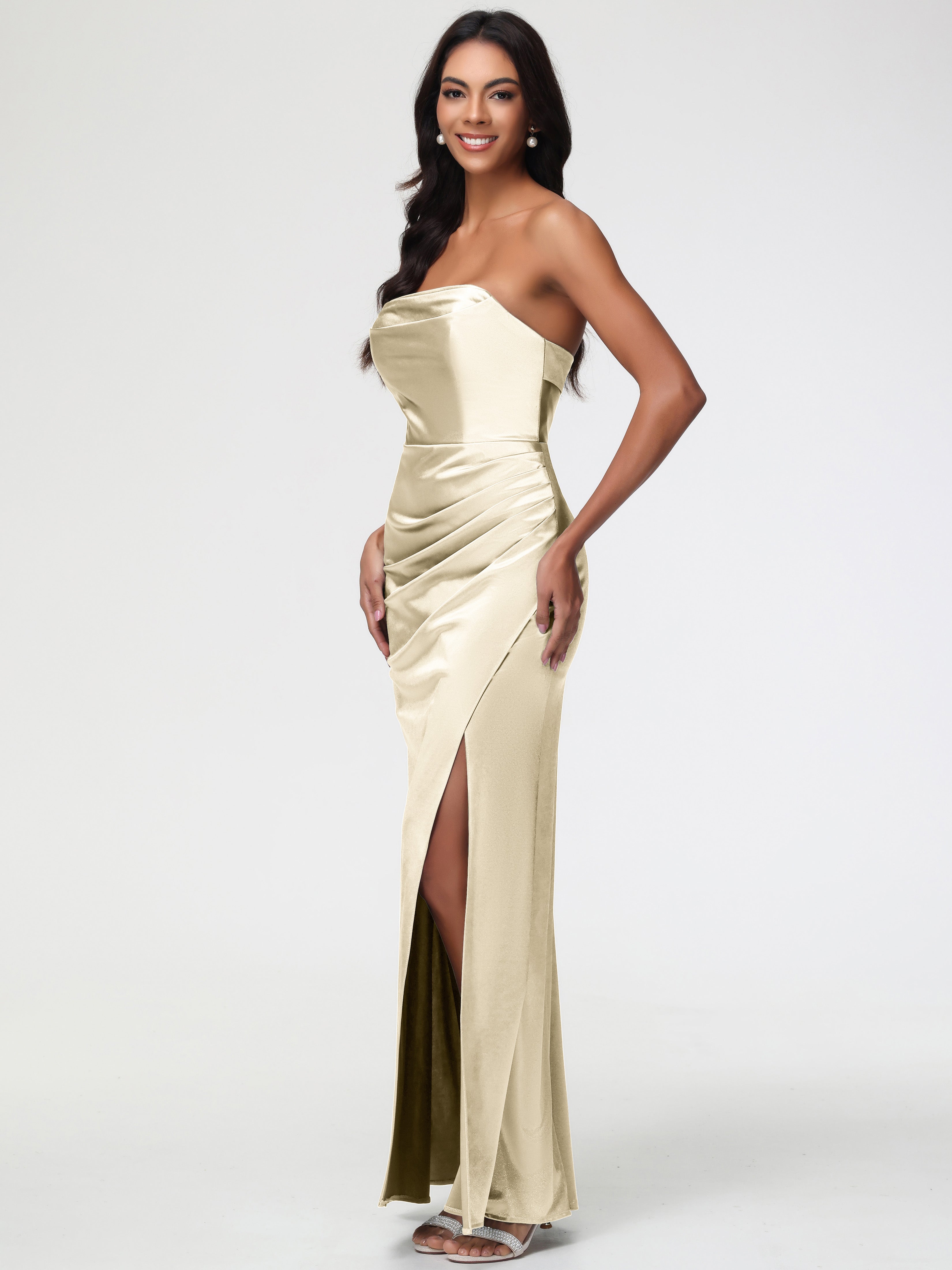 Robe De Demoiselle D Honneur Champagne Sans Bretelle Satin Extensible Robe De Demoiselle D'Honneur Longue Plissée