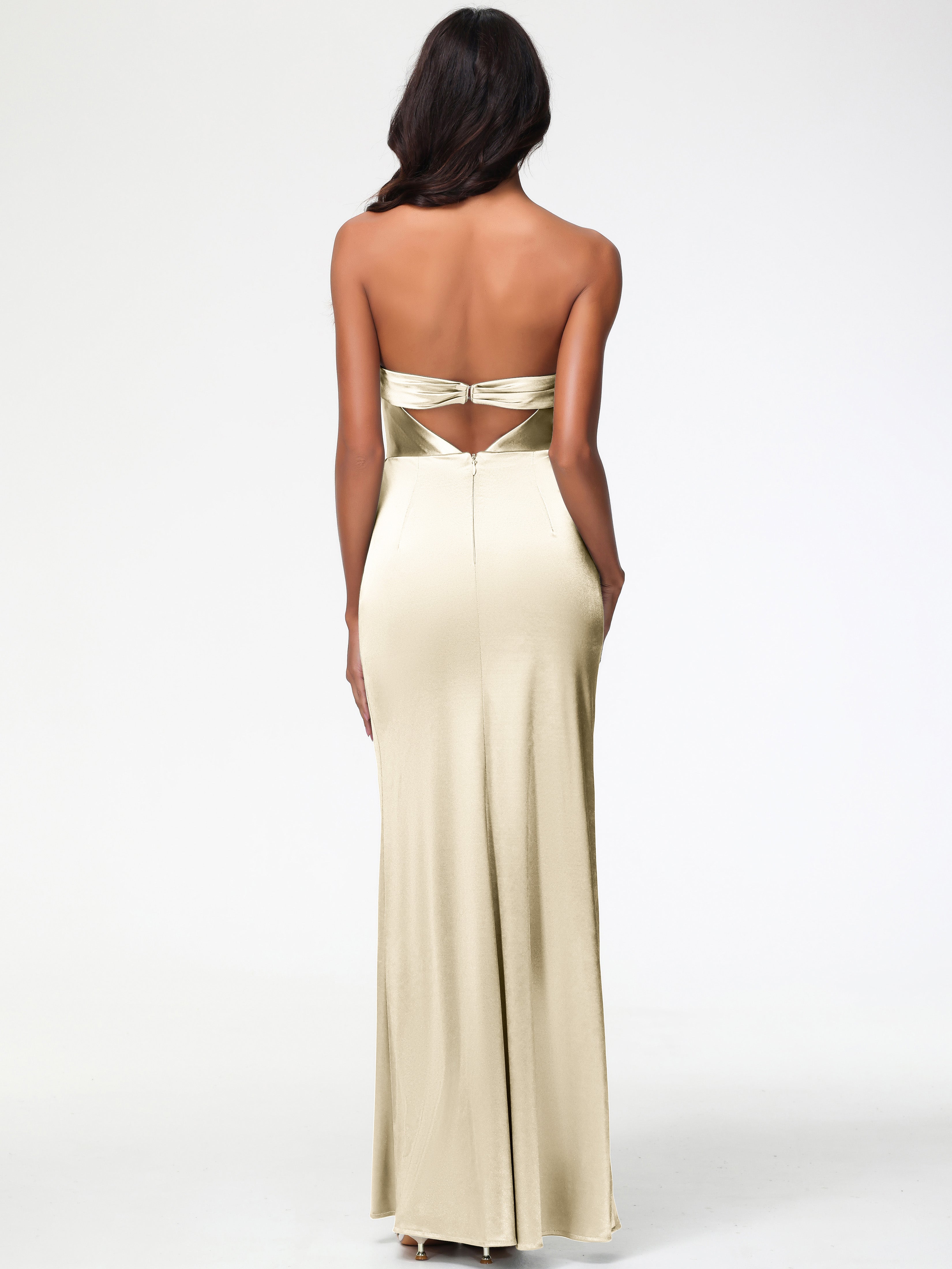 Robe De Demoiselle D Honneur Champagne Sans Bretelle Satin Extensible Robe De Demoiselle D'Honneur Longue Plissée