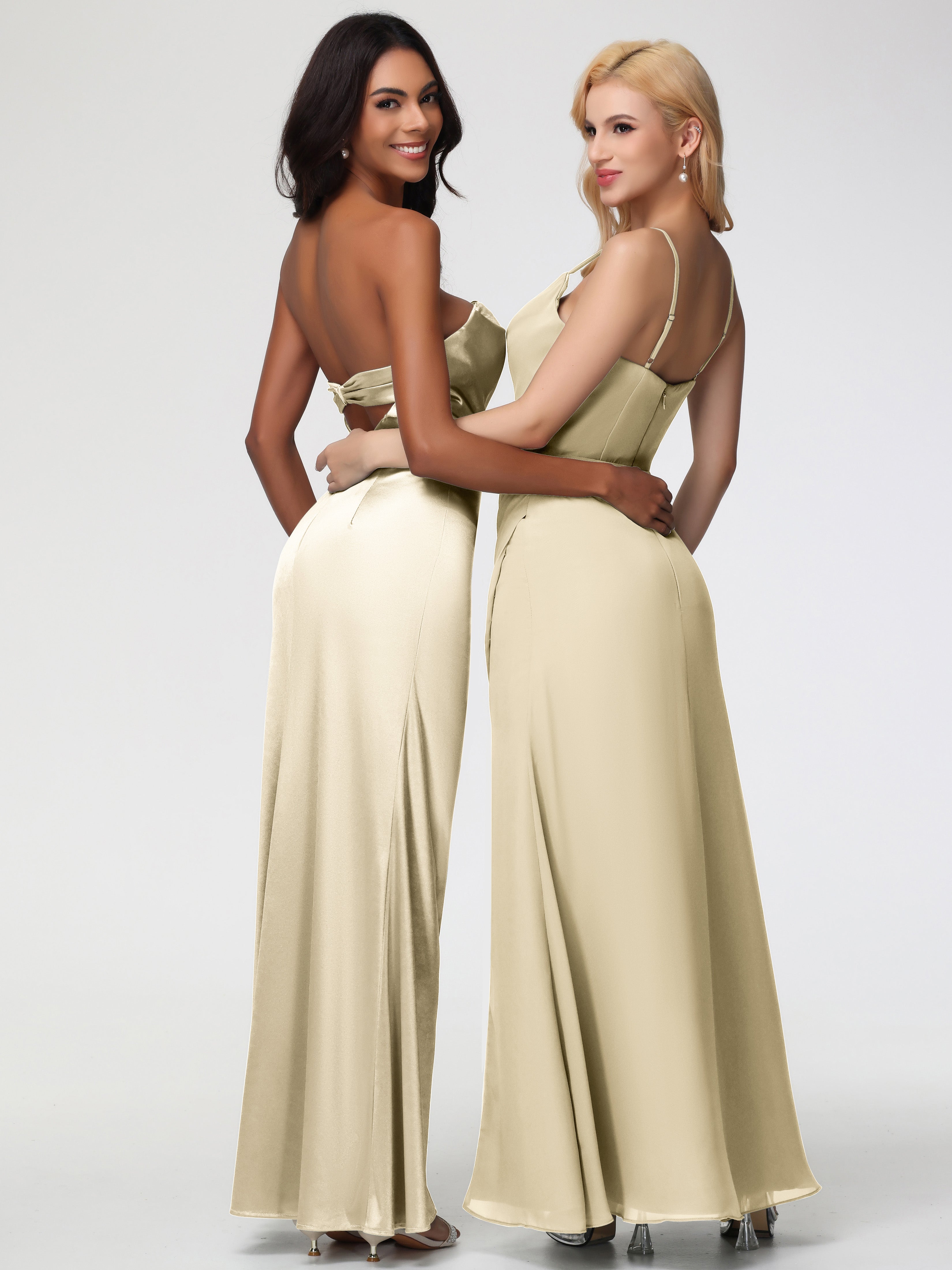 Robe De Demoiselle D Honneur Champagne Sans Bretelle Satin Extensible Robe De Demoiselle D'Honneur Longue Plissée