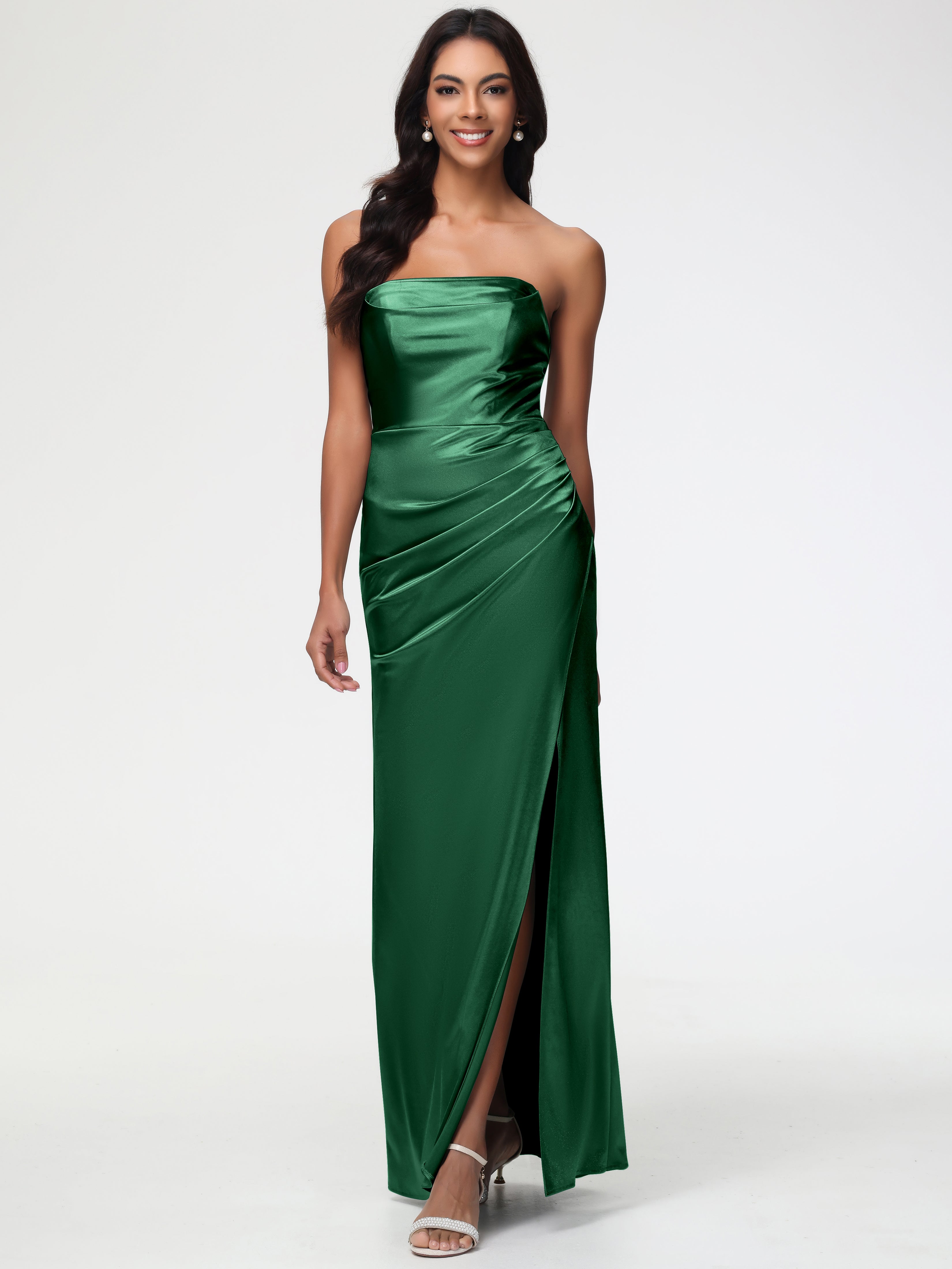 Robes De Demoiselle D'Honneur Vert Foncé Sans Bretelle Satin Extensible Robe De Demoiselle D'Honneur Longue Plissée