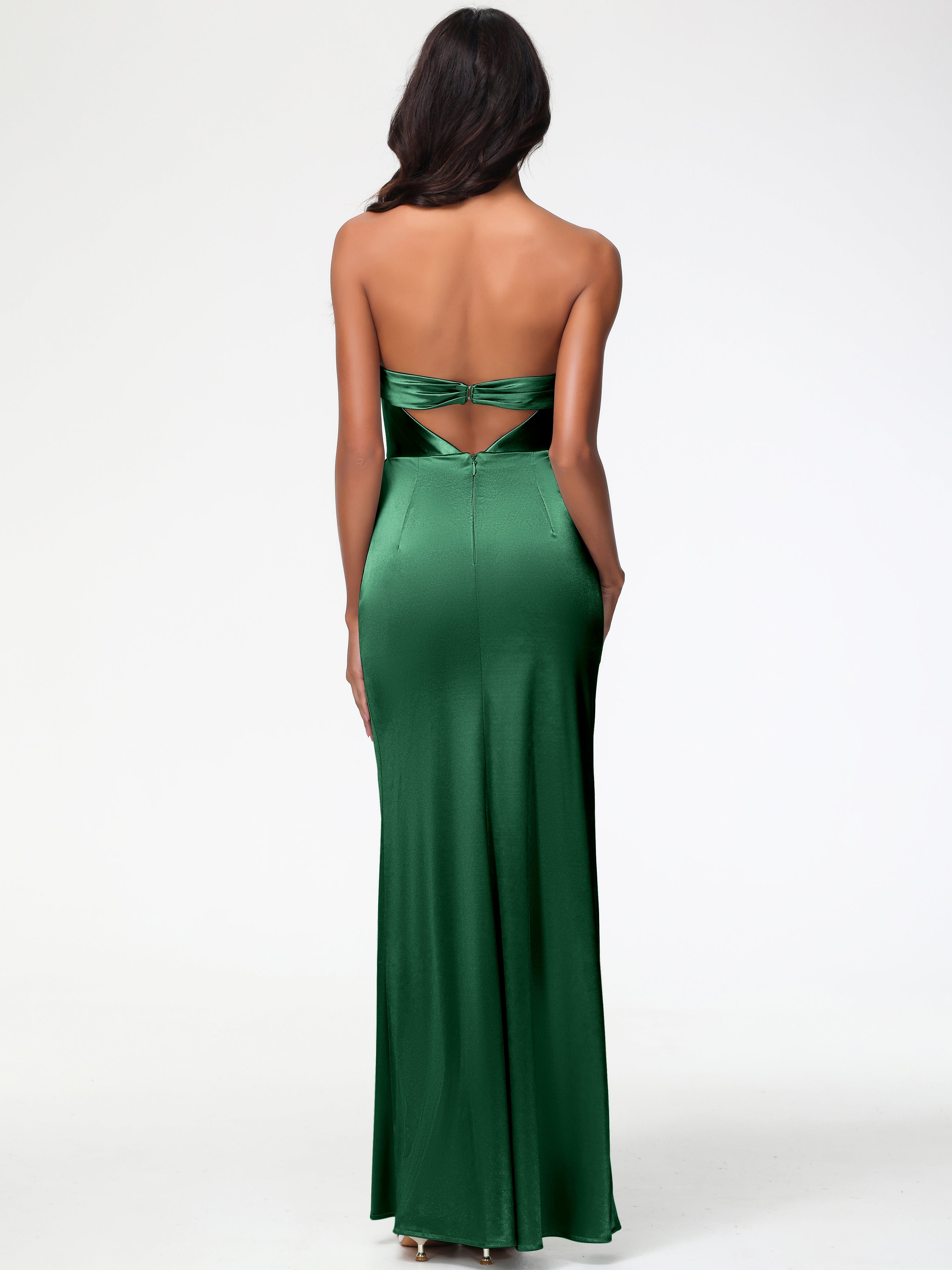 Robes De Demoiselle D'Honneur Vert Foncé Sans Bretelle Satin Extensible Robe De Demoiselle D'Honneur Longue Plissée