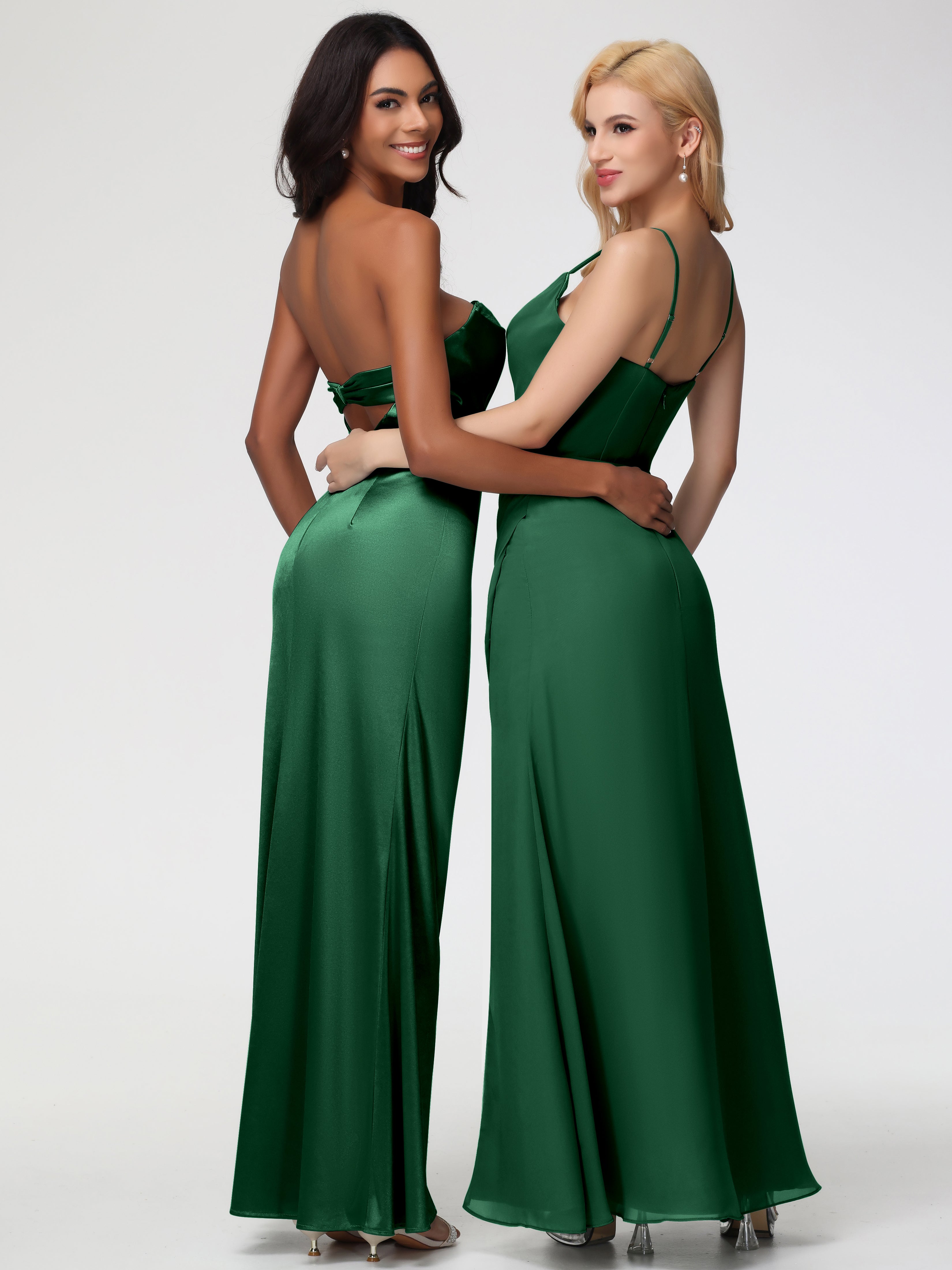Robes De Demoiselle D'Honneur Vert Foncé Sans Bretelle Satin Extensible Robe De Demoiselle D'Honneur Longue Plissée