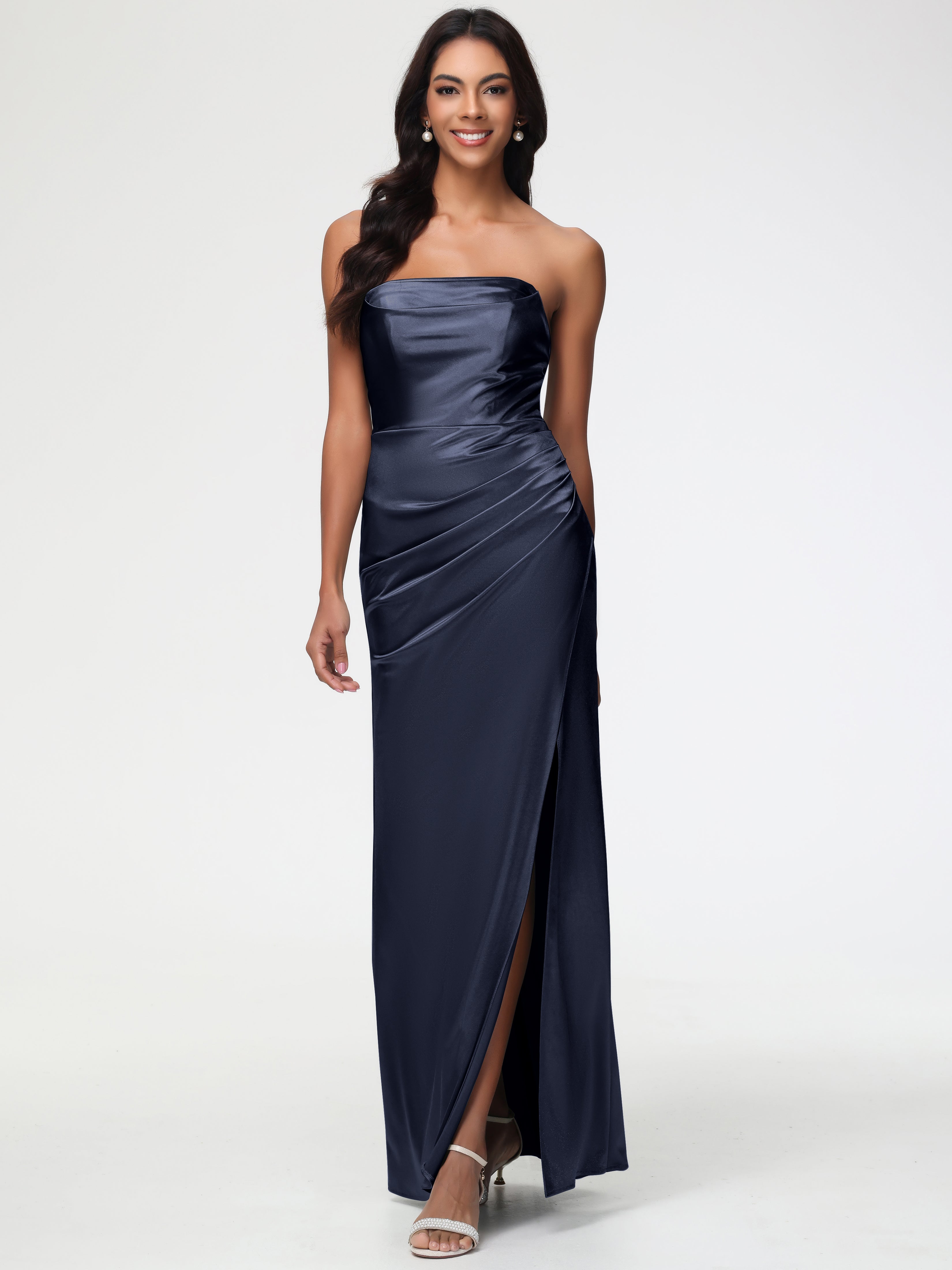 Robe De Demoiselle D Honneur Bleu Marine Sans Bretelle Satin Extensible Robe De Demoiselle D'Honneur Longue Plissée