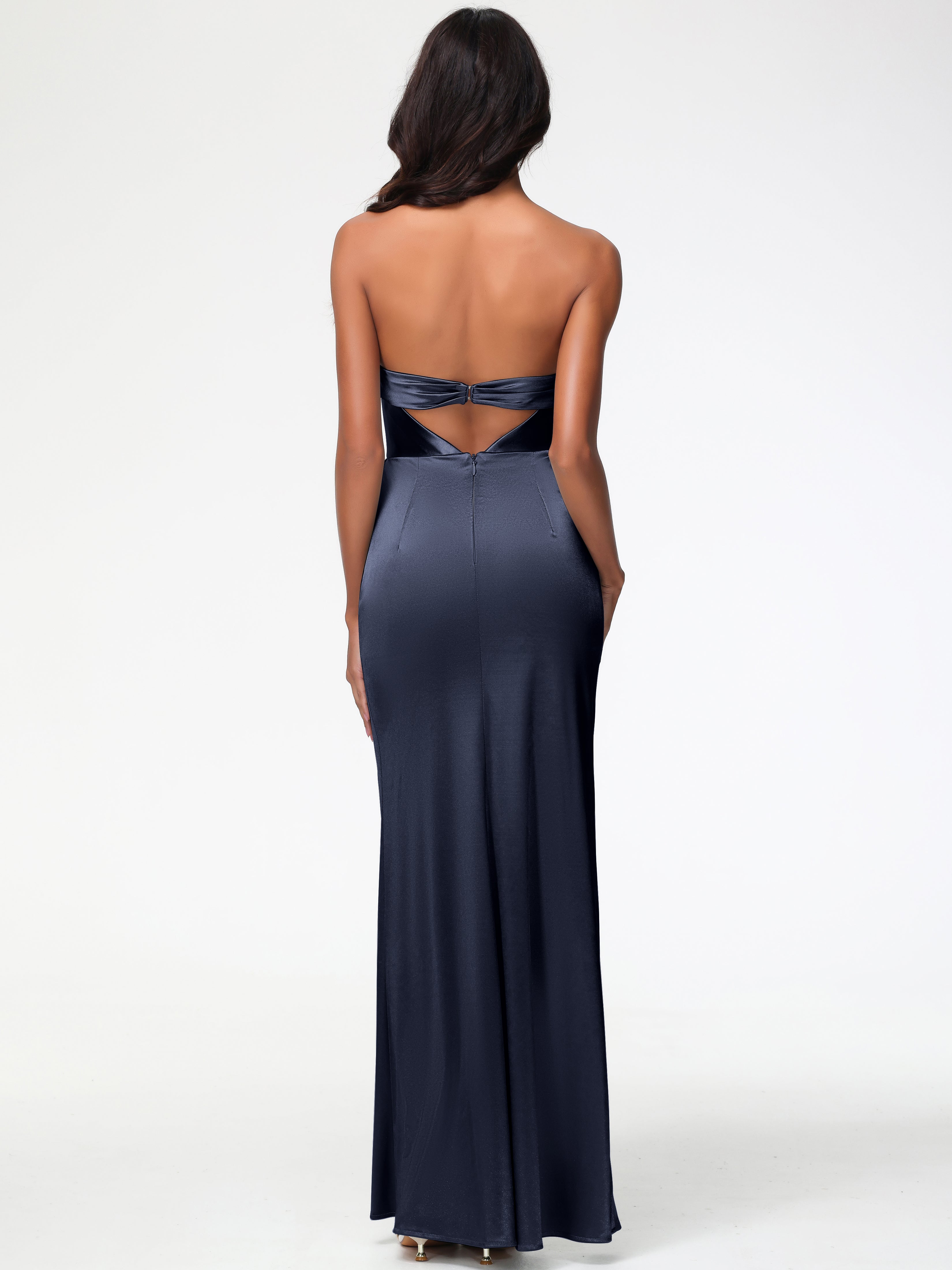 Robe De Demoiselle D Honneur Bleu Marine Sans Bretelle Satin Extensible Robe De Demoiselle D'Honneur Longue Plissée