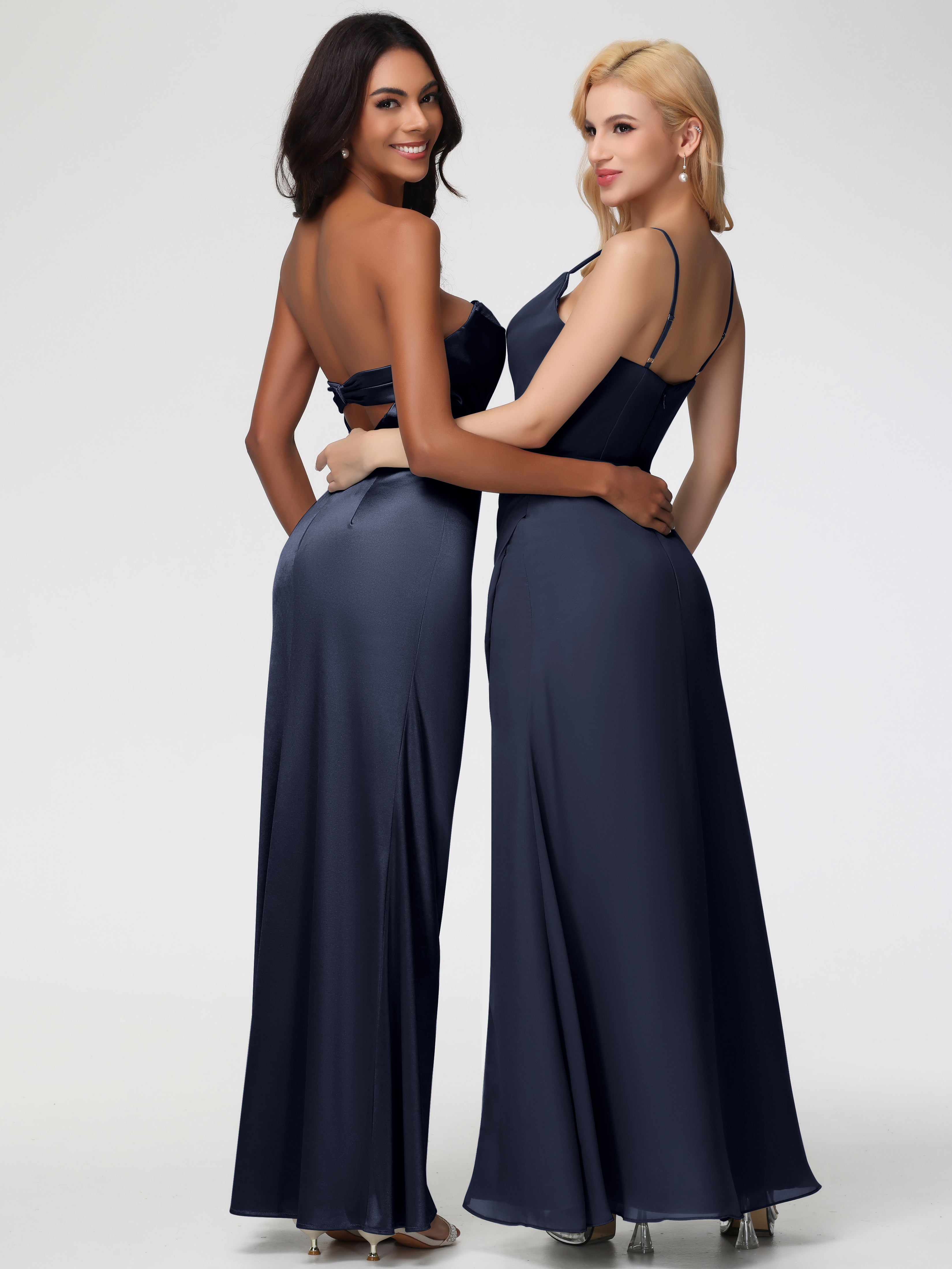 Robe De Demoiselle D Honneur Bleu Marine Sans Bretelle Satin Extensible Robe De Demoiselle D'Honneur Longue Plissée