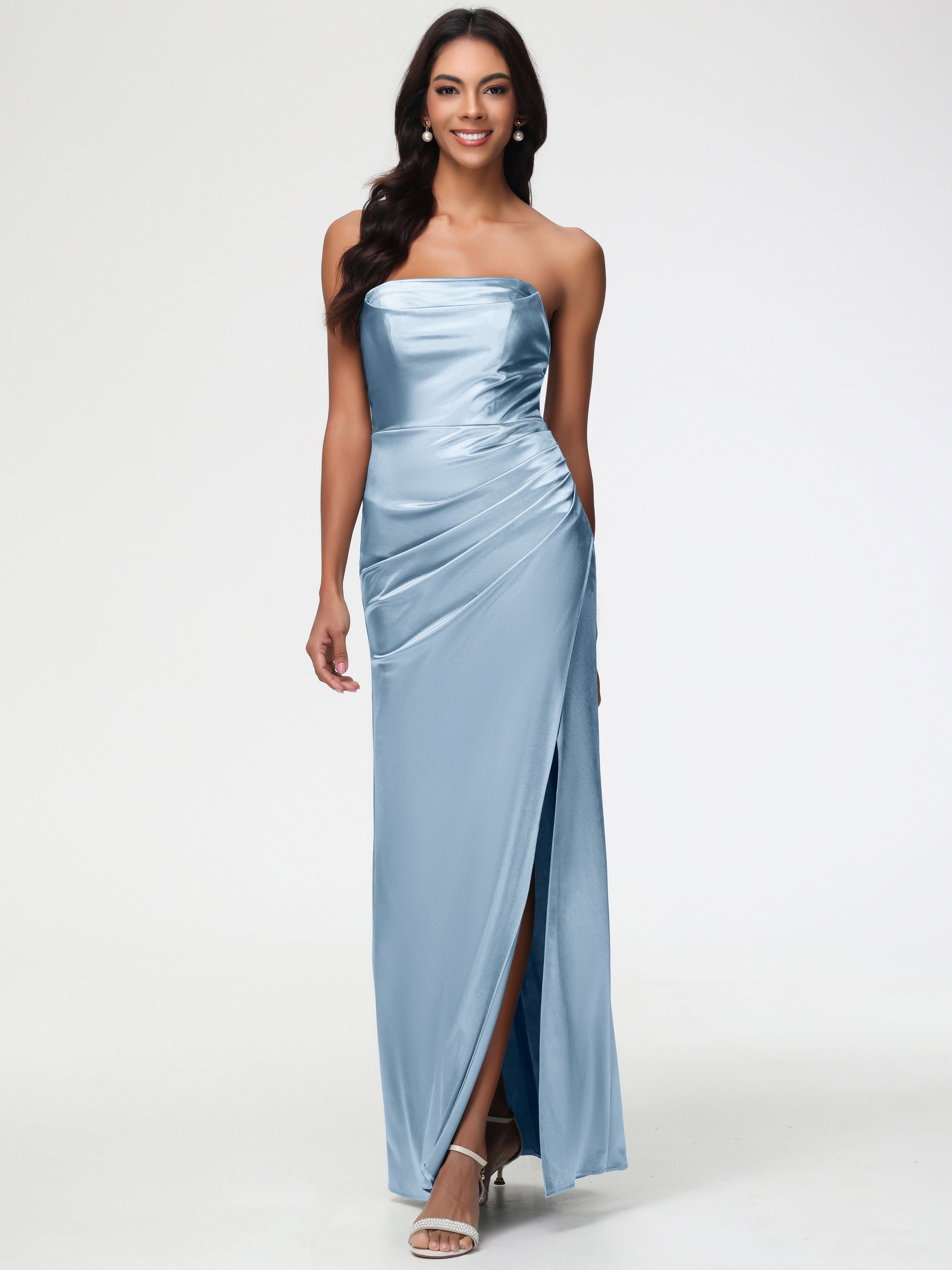 Robes De Demoiselle D'Honneur Bleu Poussiéreux Sans Bretelle Satin Extensible Robe De Demoiselle D'Honneur Longue Plissée