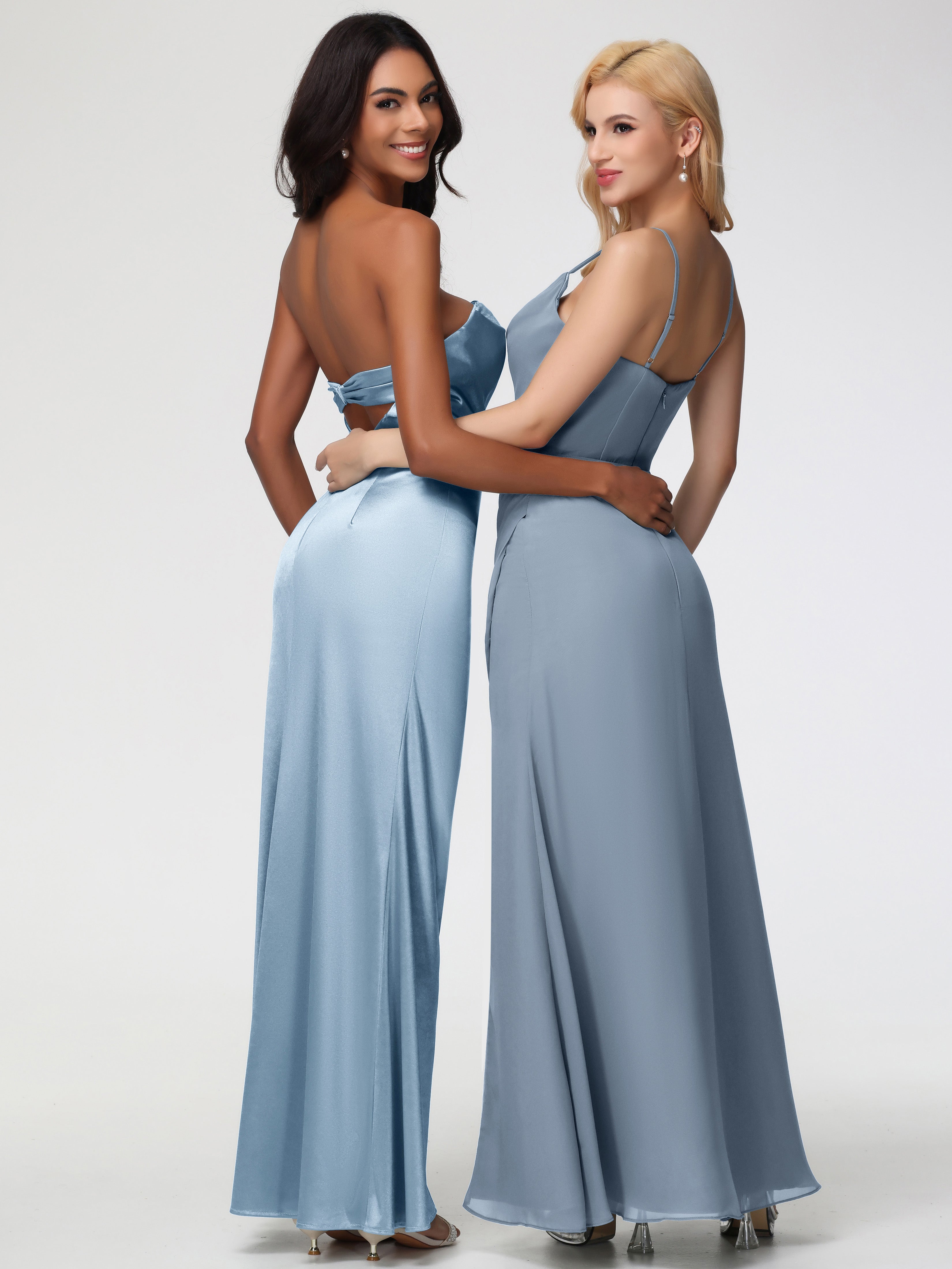 Robes De Demoiselle D'Honneur Bleu Poussiéreux Sans Bretelle Satin Extensible Robe De Demoiselle D'Honneur Longue Plissée
