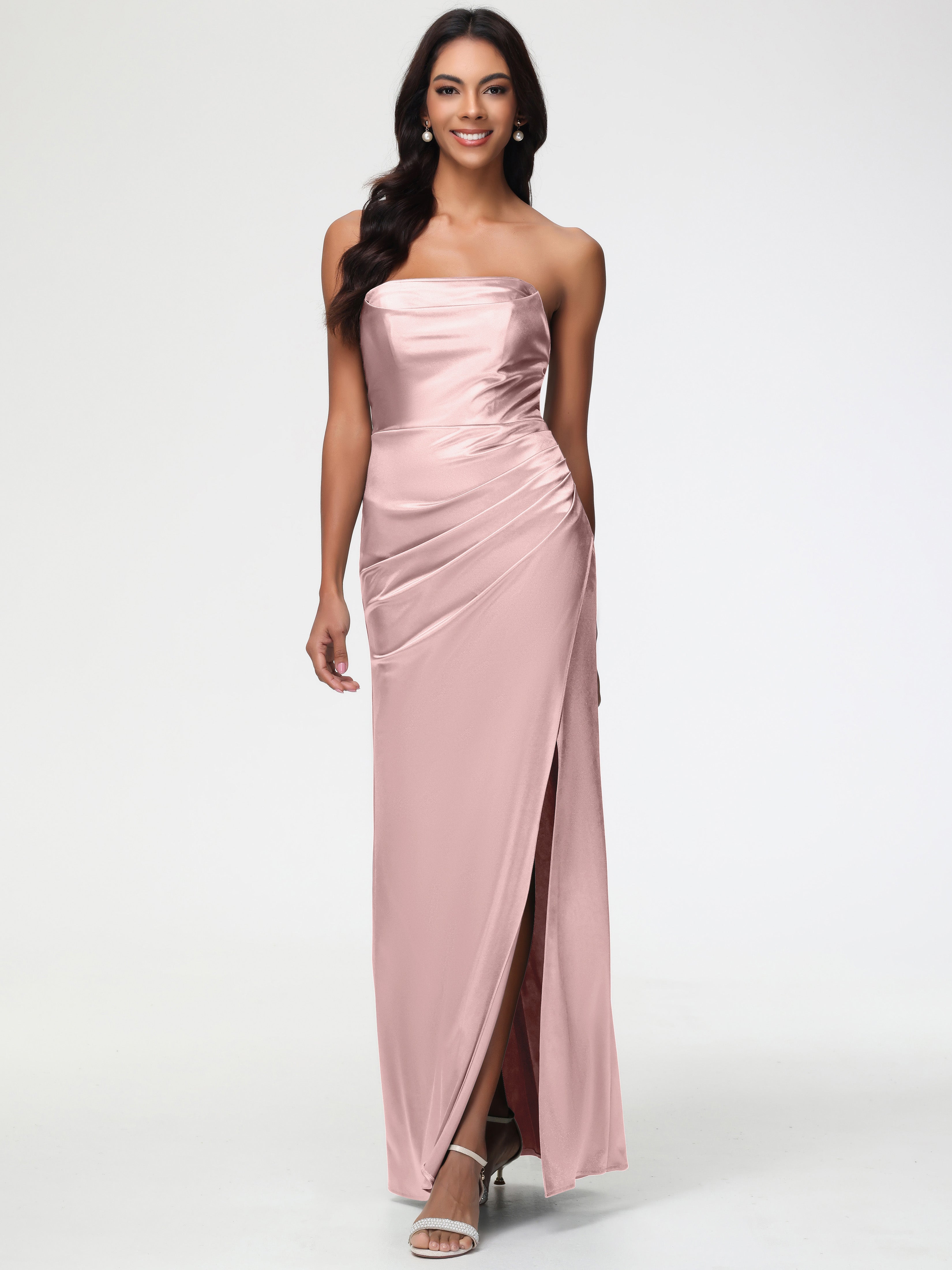 Robe Demoiselle D Honneur Rose Poudrée Sans Bretelle Satin Extensible Robe De Demoiselle D'Honneur Longue Plissée