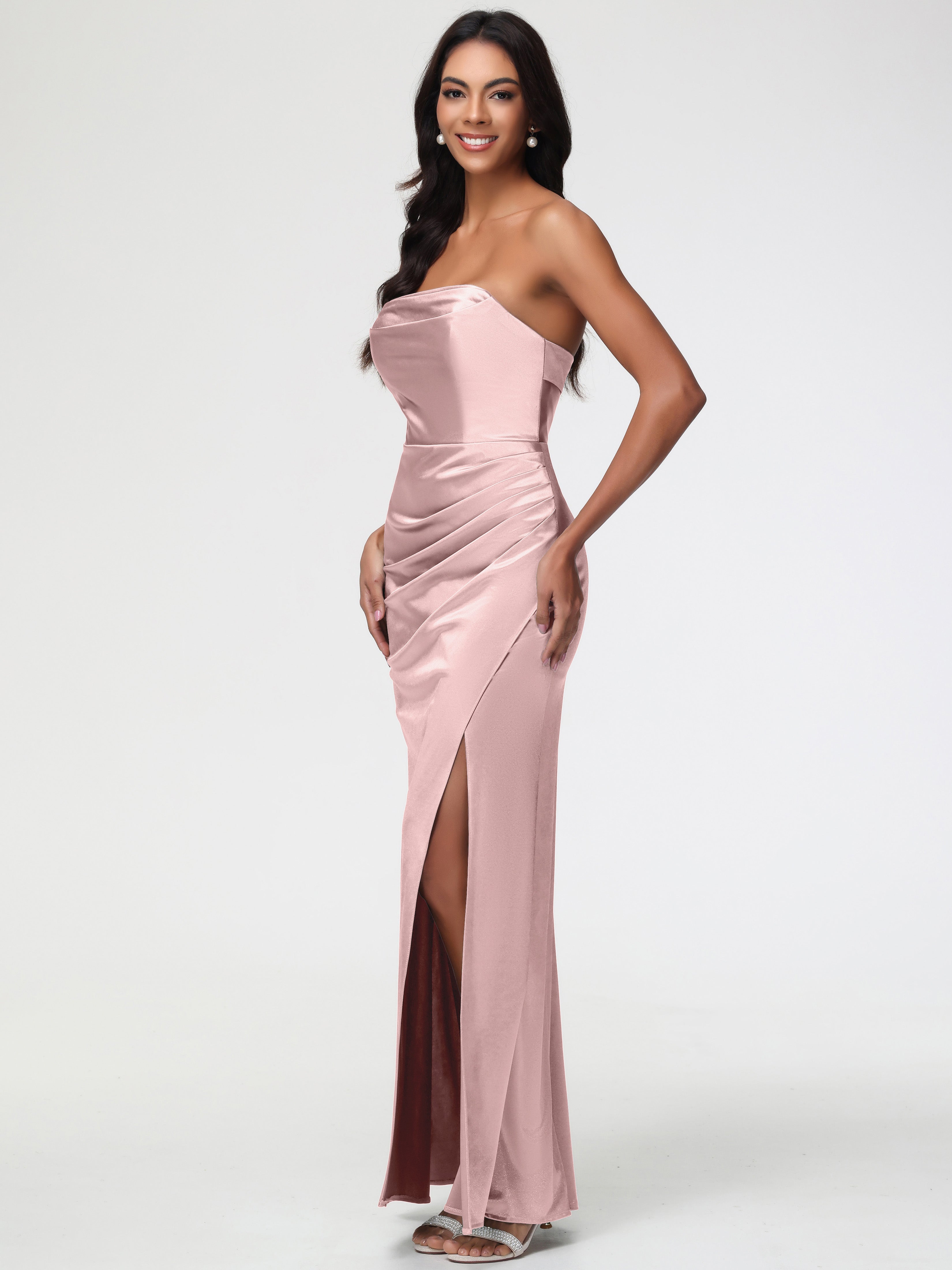 Robe Demoiselle D Honneur Rose Poudrée Sans Bretelle Satin Extensible Robe De Demoiselle D'Honneur Longue Plissée