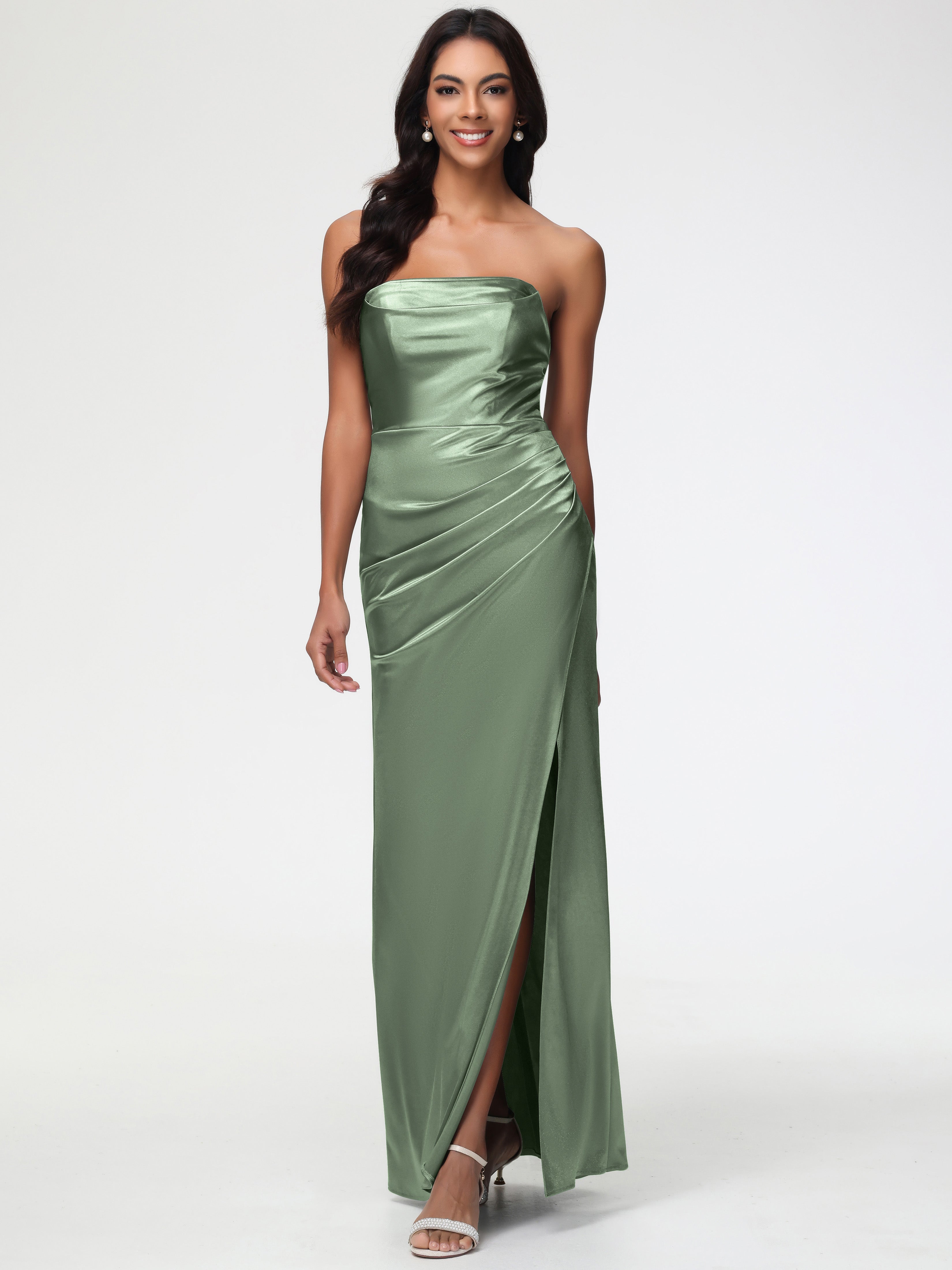 Demoiselle D'Honneur De Sauge Poussiéreuse Sans Bretelle Satin Extensible Robe De Demoiselle D'Honneur Longue Plissée