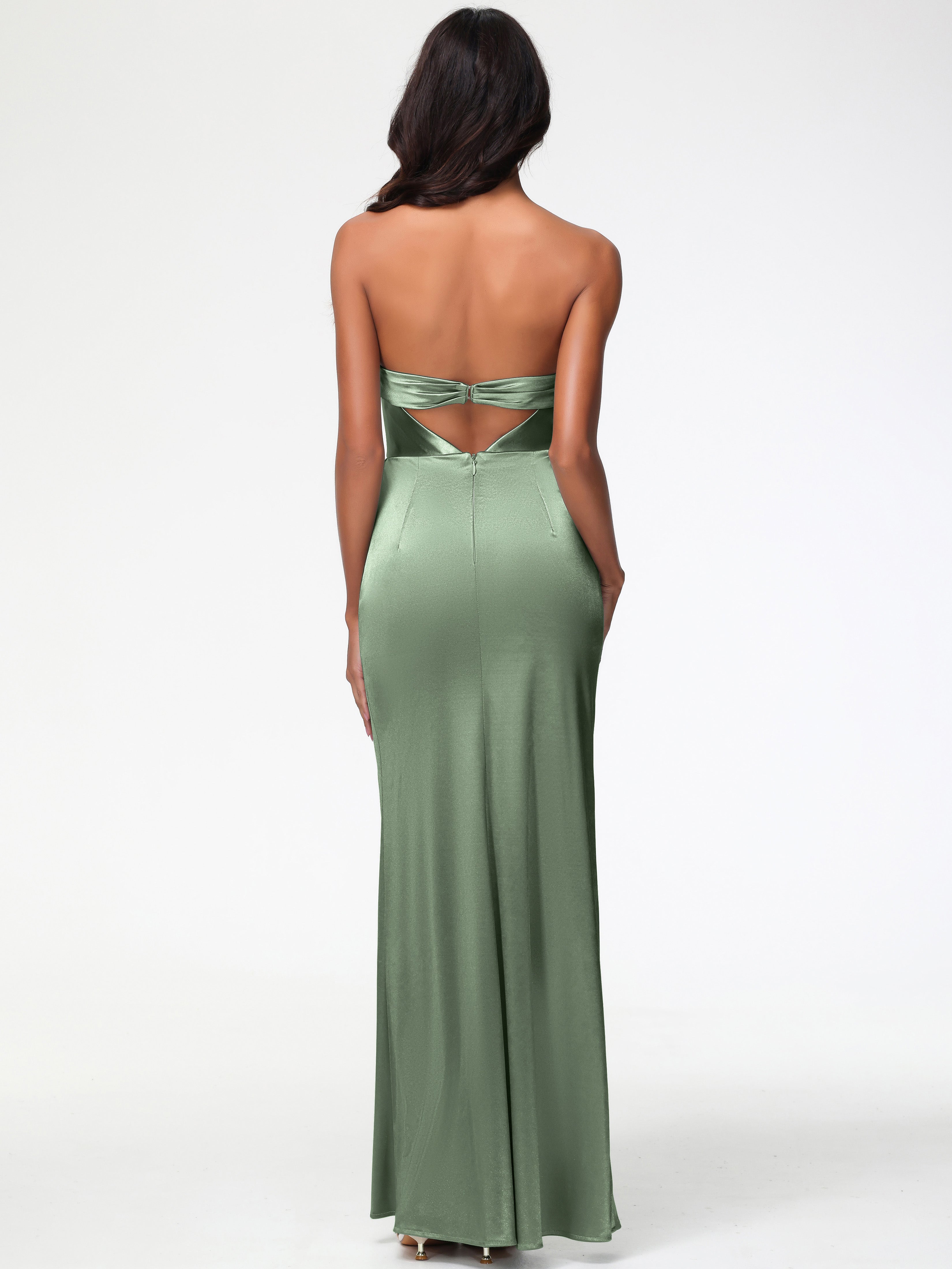 Demoiselle D'Honneur De Sauge Poussiéreuse Sans Bretelle Satin Extensible Robe De Demoiselle D'Honneur Longue Plissée