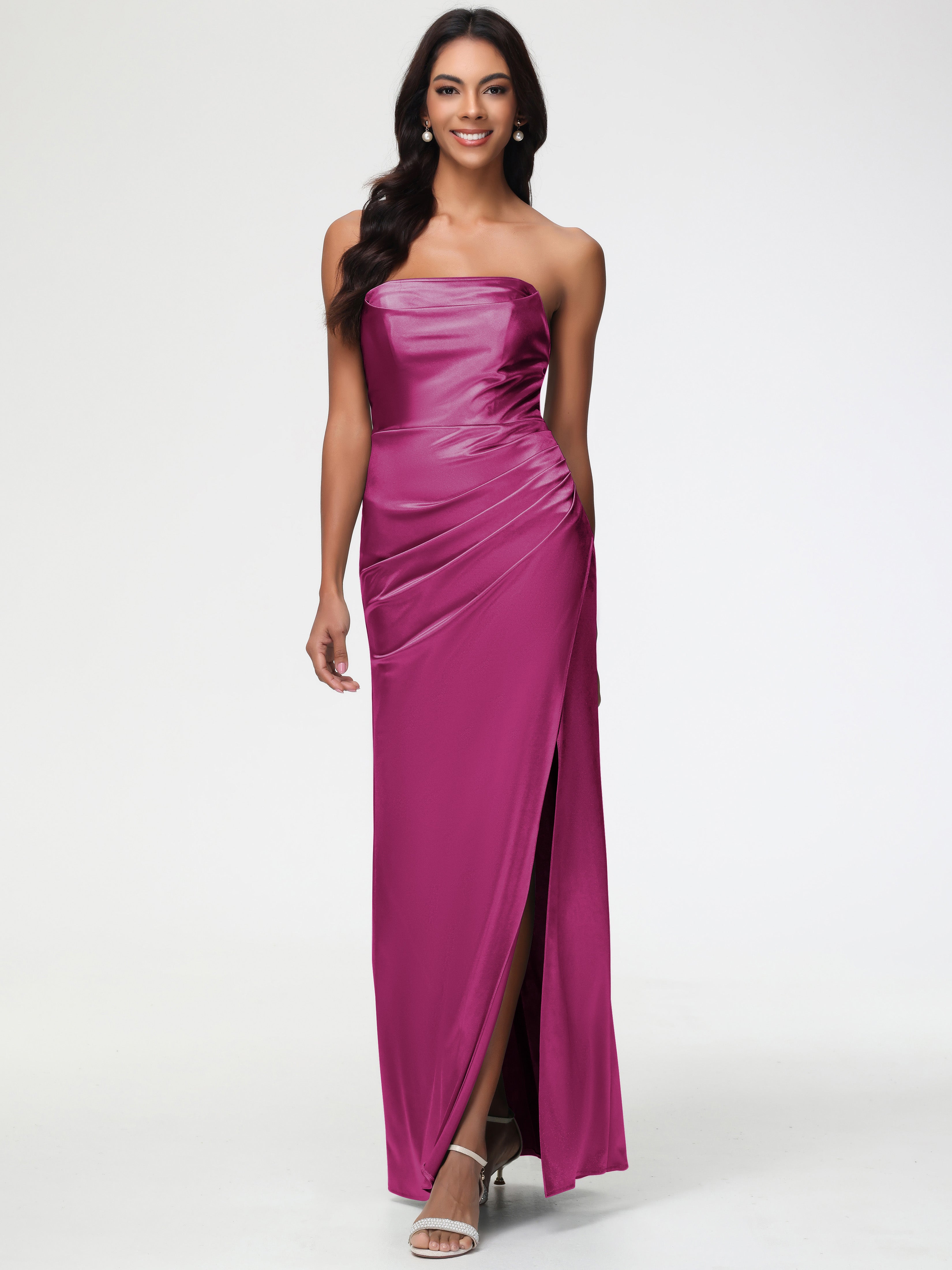 Robe Rose Fuchsia Demoiselle D Honneur Sans Bretelle Satin Extensible Robe De Demoiselle D'Honneur Longue Plissée
