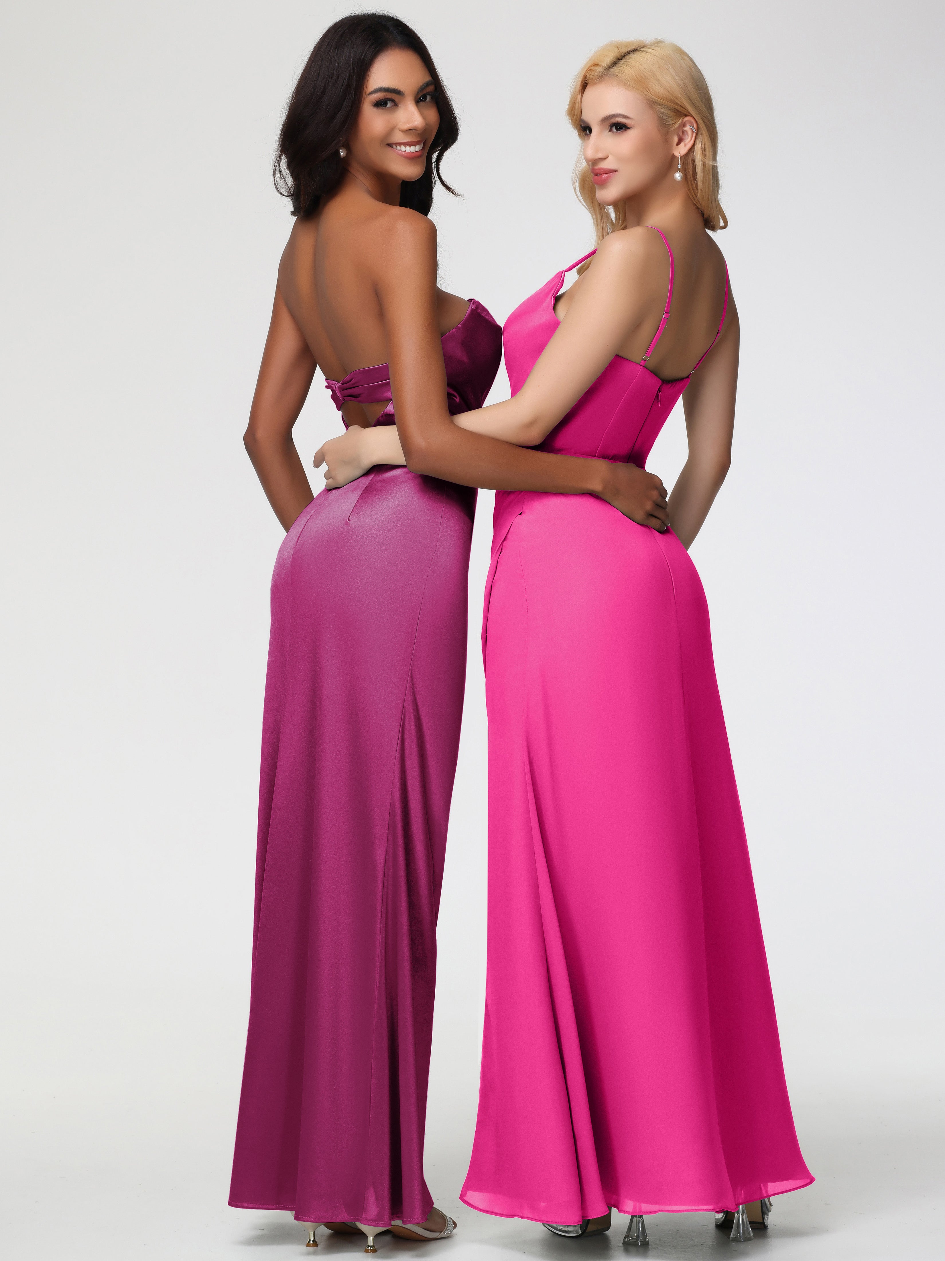 Robe Rose Fuchsia Demoiselle D Honneur Sans Bretelle Satin Extensible Robe De Demoiselle D'Honneur Longue Plissée