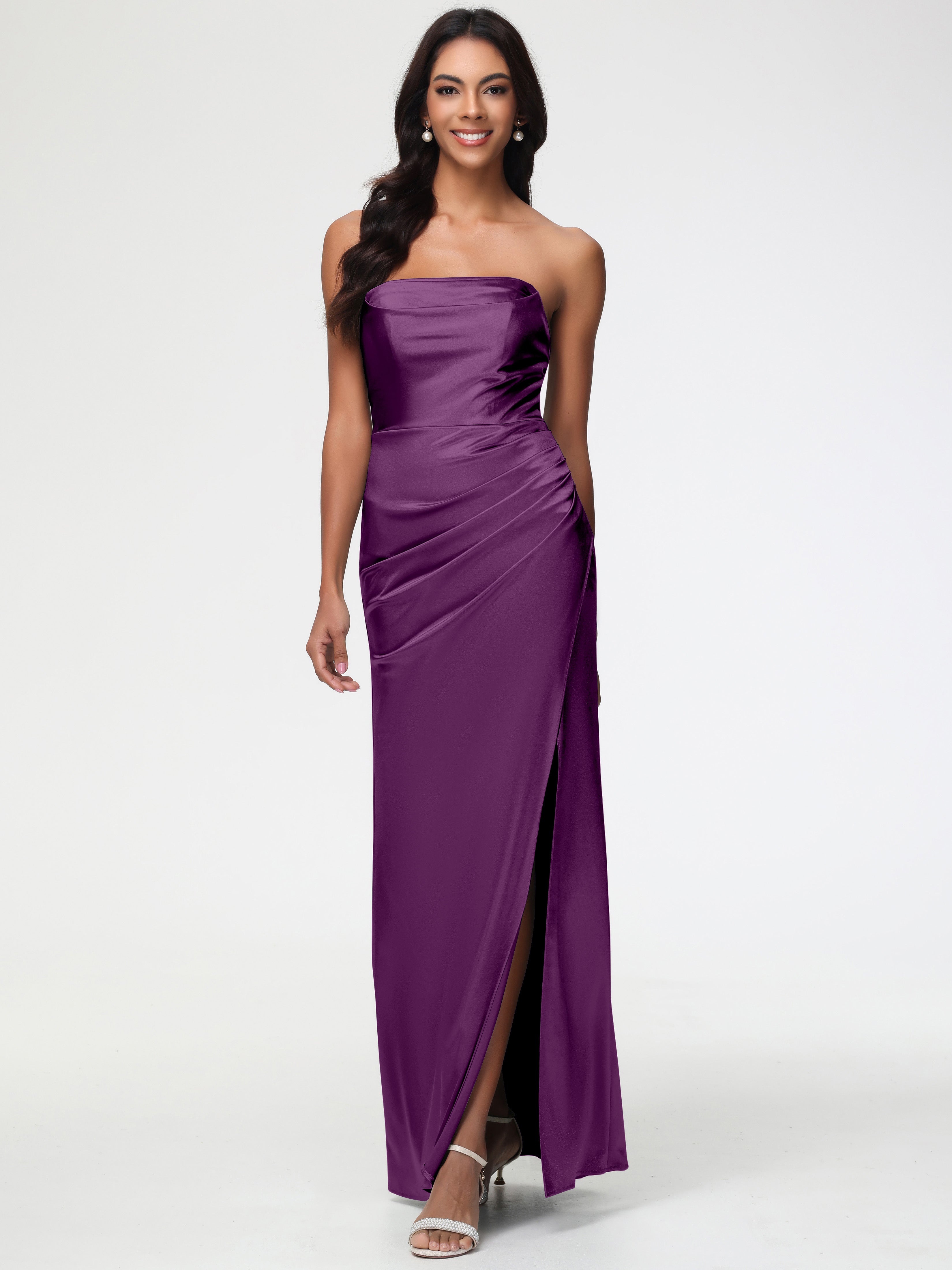 Robes De Demoiselle D'Honneur En Raisin Sans Bretelle Satin Extensible Robe De Demoiselle D'Honneur Longue Plissée