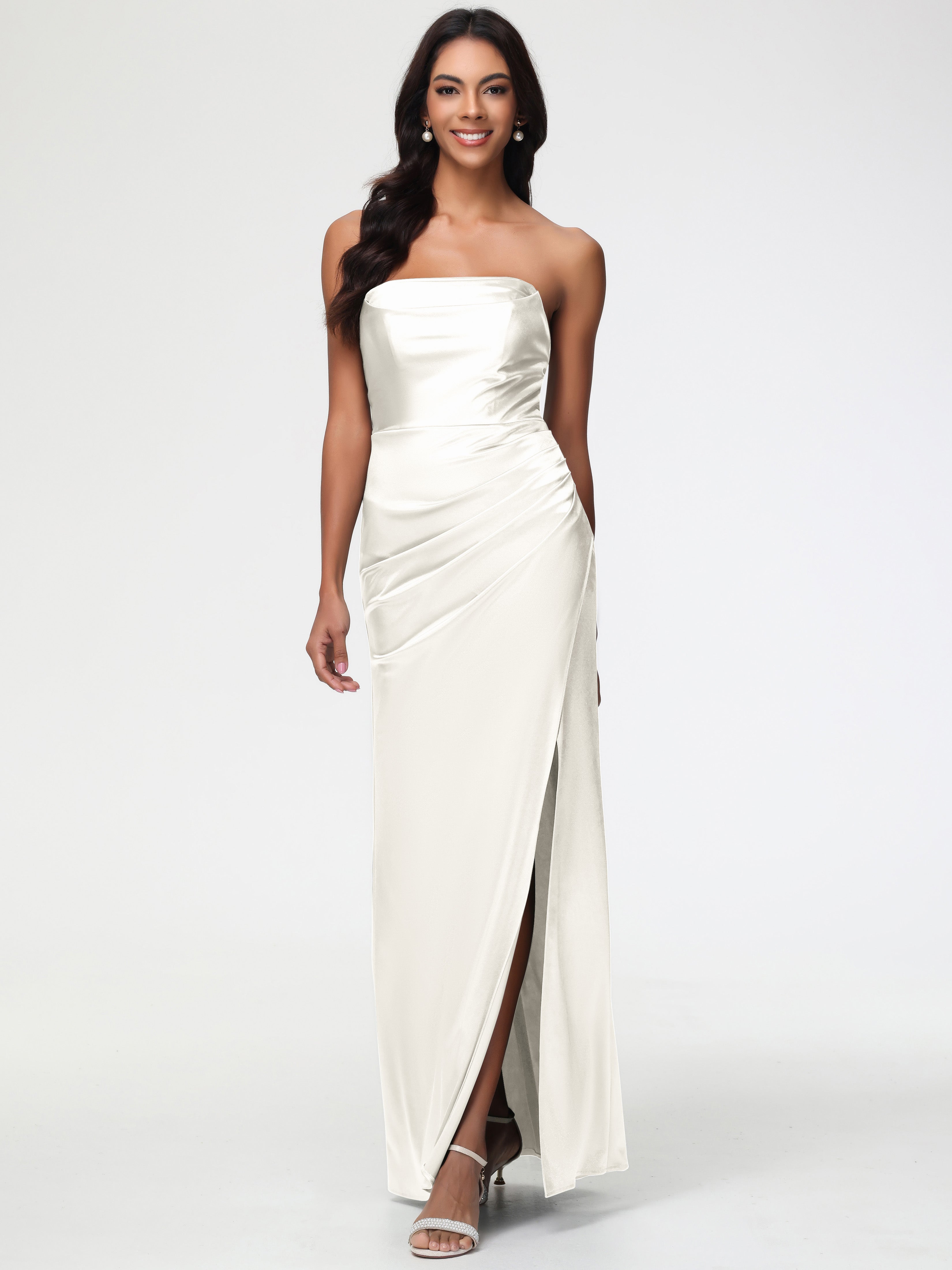 Robe Demoiselle D Honneur Ivoire Sans Bretelle Satin Extensible Robe De Demoiselle D'Honneur Longue Plissée