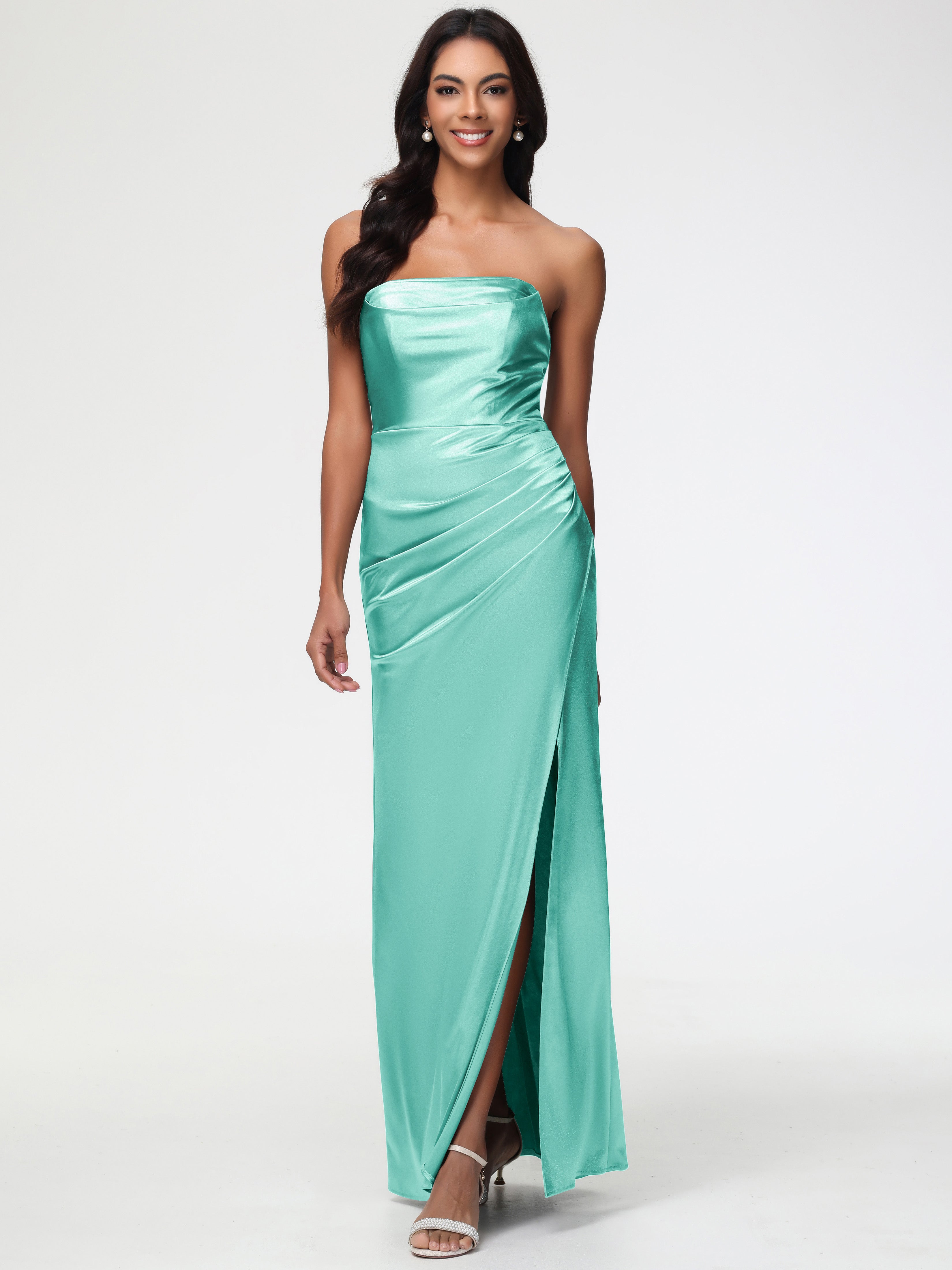 Robe Vert Menthe Demoiselle D Honneur Sans Bretelle Satin Extensible Robe De Demoiselle D'Honneur Longue Plissée