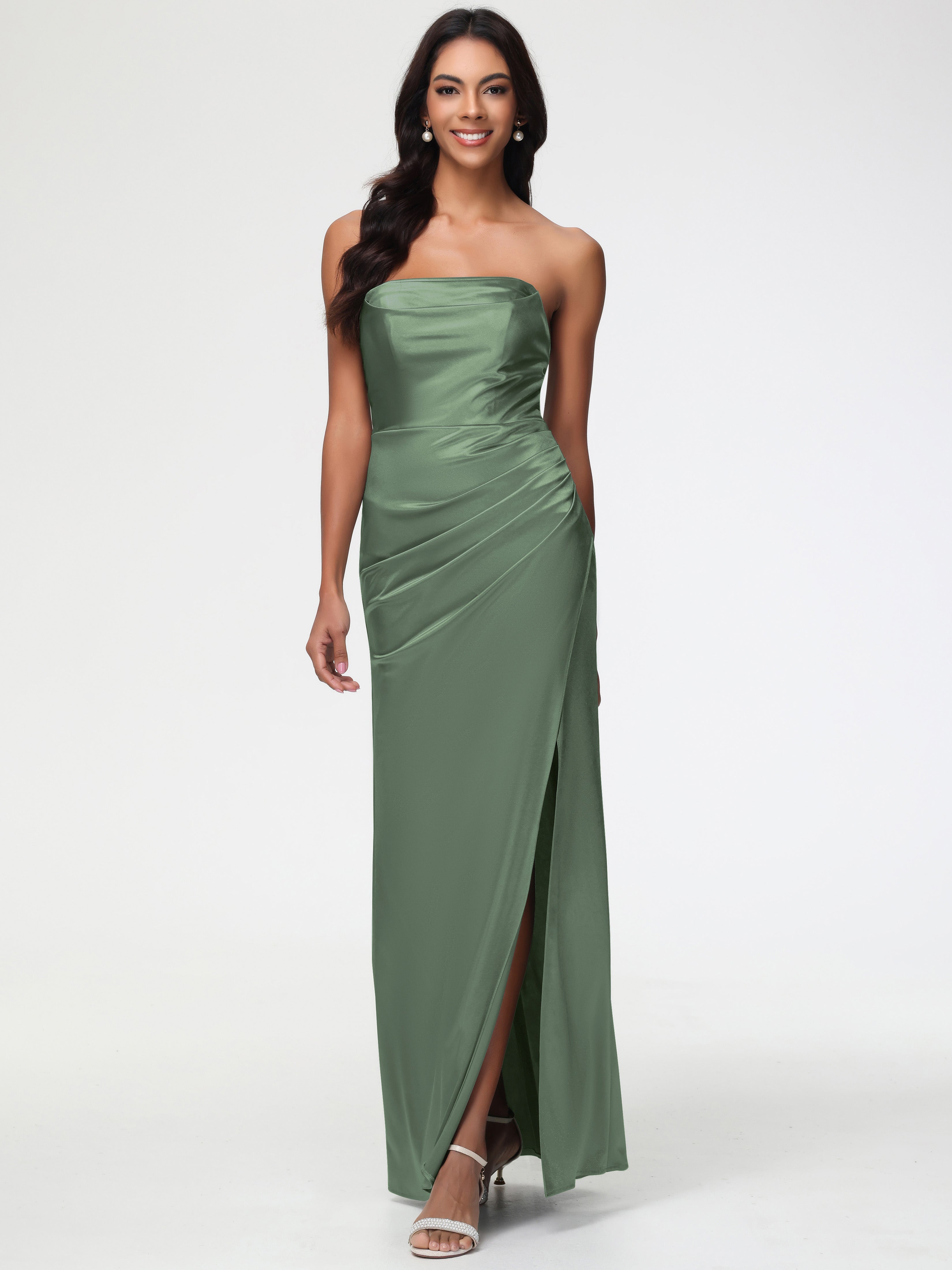 Robe De Demoiselle D Honneur Vert Olive Sans Bretelle Satin Extensible Robe De Demoiselle D'Honneur Longue Plissée