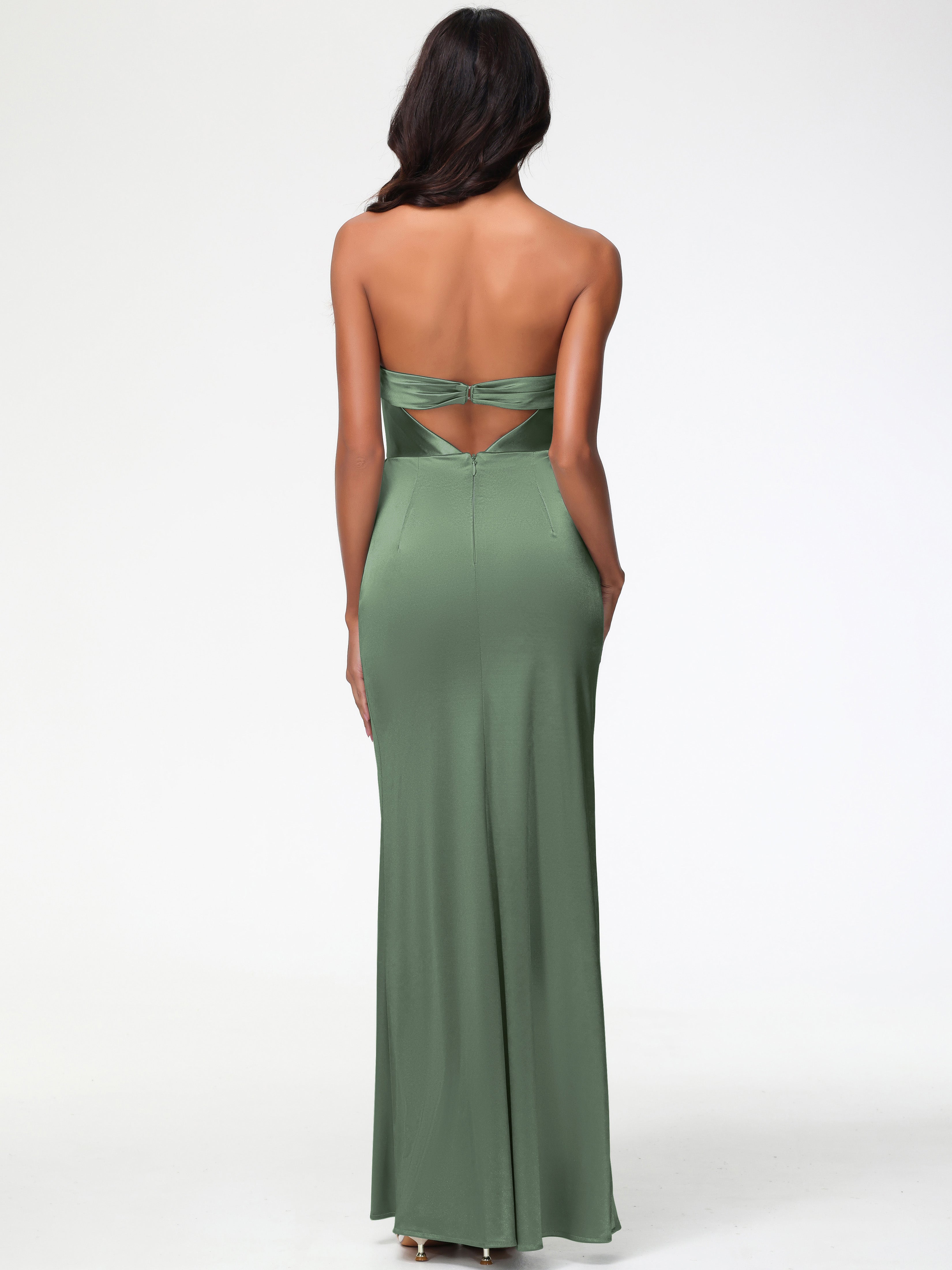 Robe De Demoiselle D Honneur Vert Olive Sans Bretelle Satin Extensible Robe De Demoiselle D'Honneur Longue Plissée