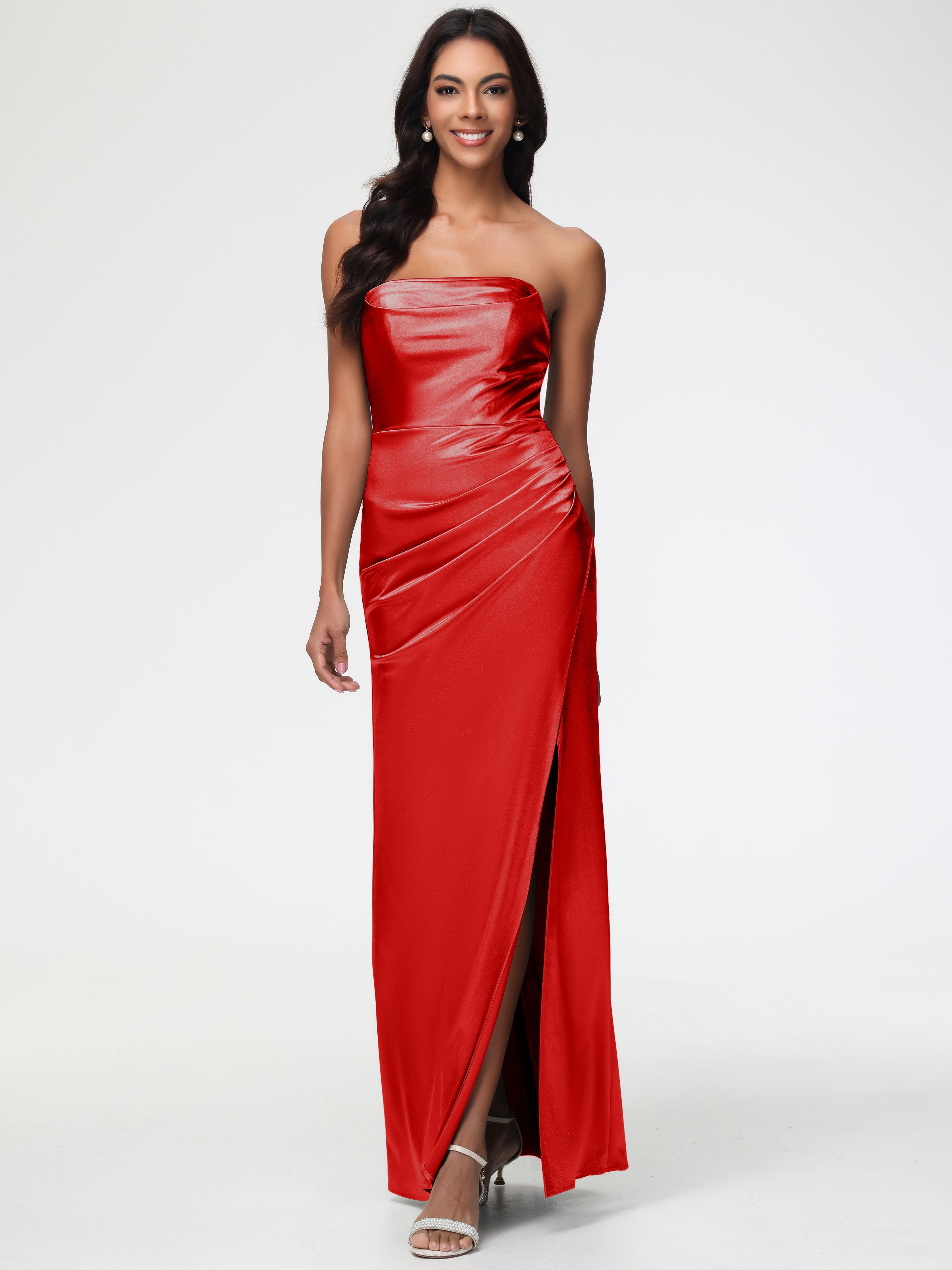 Robe Rouge Mariage Demoiselle D Honneur Sans Bretelle Satin Extensible Robe De Demoiselle D'Honneur Longue Plissée