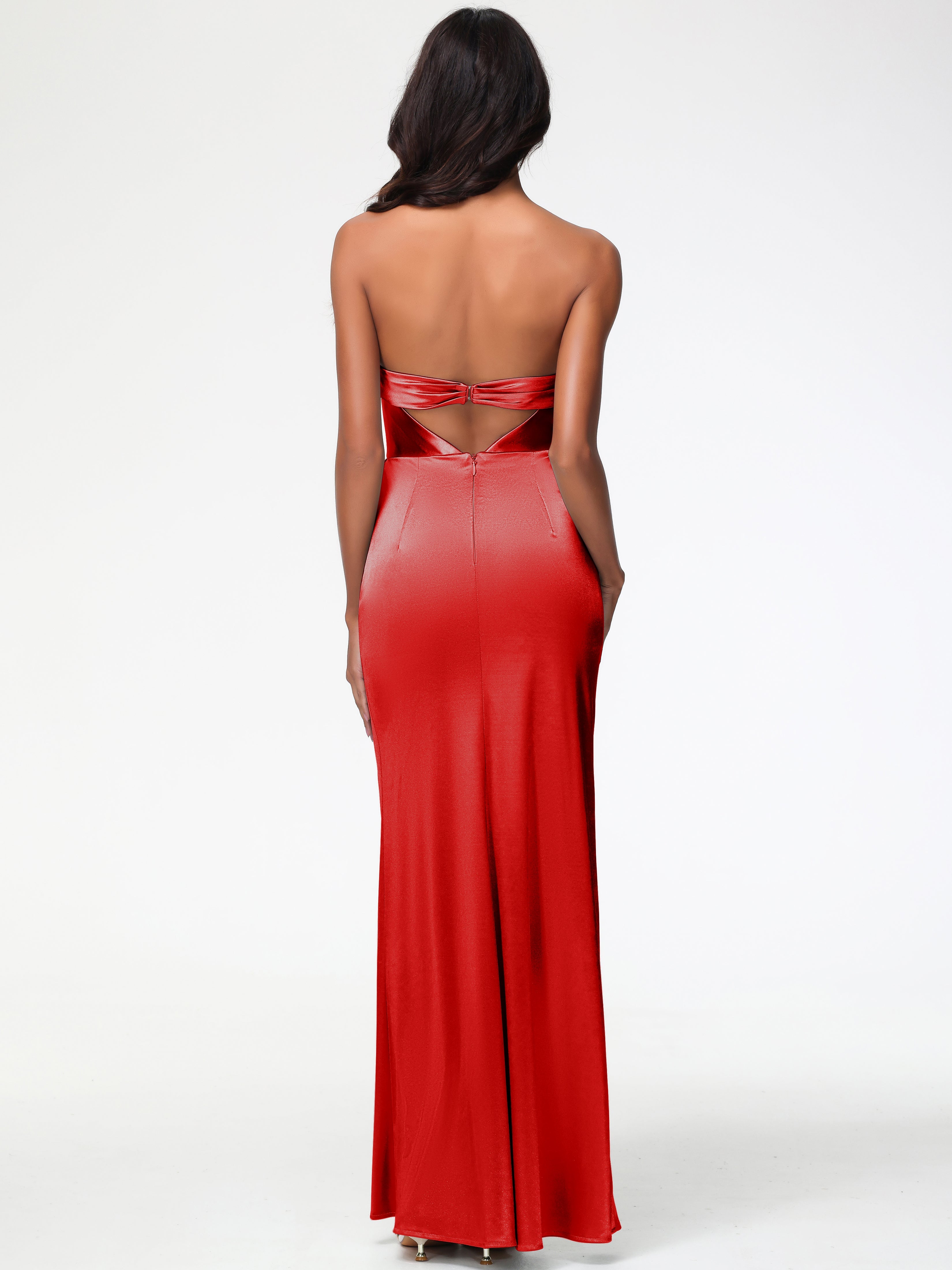 Robe Rouge Mariage Demoiselle D Honneur Sans Bretelle Satin Extensible Robe De Demoiselle D'Honneur Longue Plissée