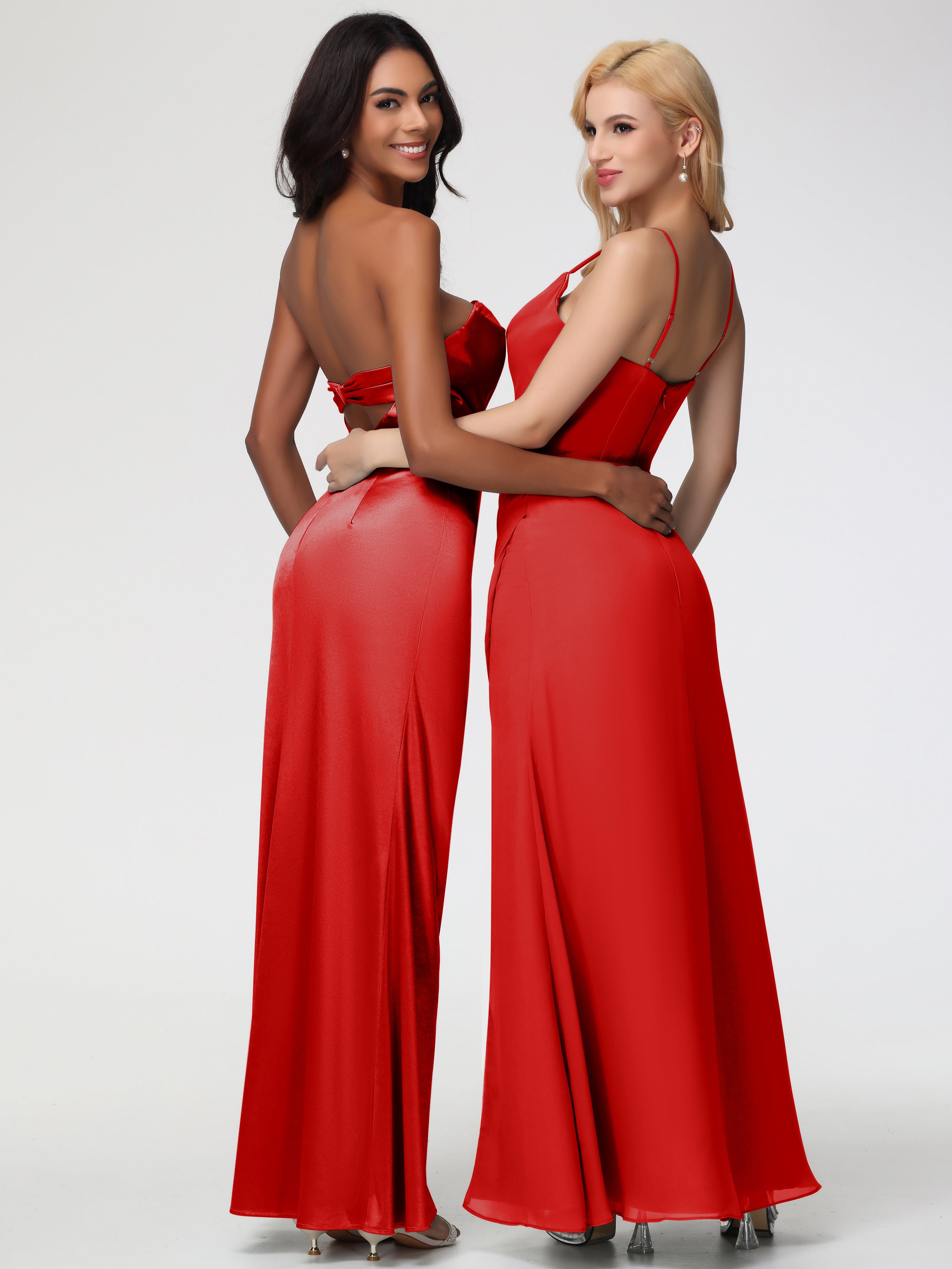 Robe Rouge Mariage Demoiselle D Honneur Sans Bretelle Satin Extensible Robe De Demoiselle D'Honneur Longue Plissée
