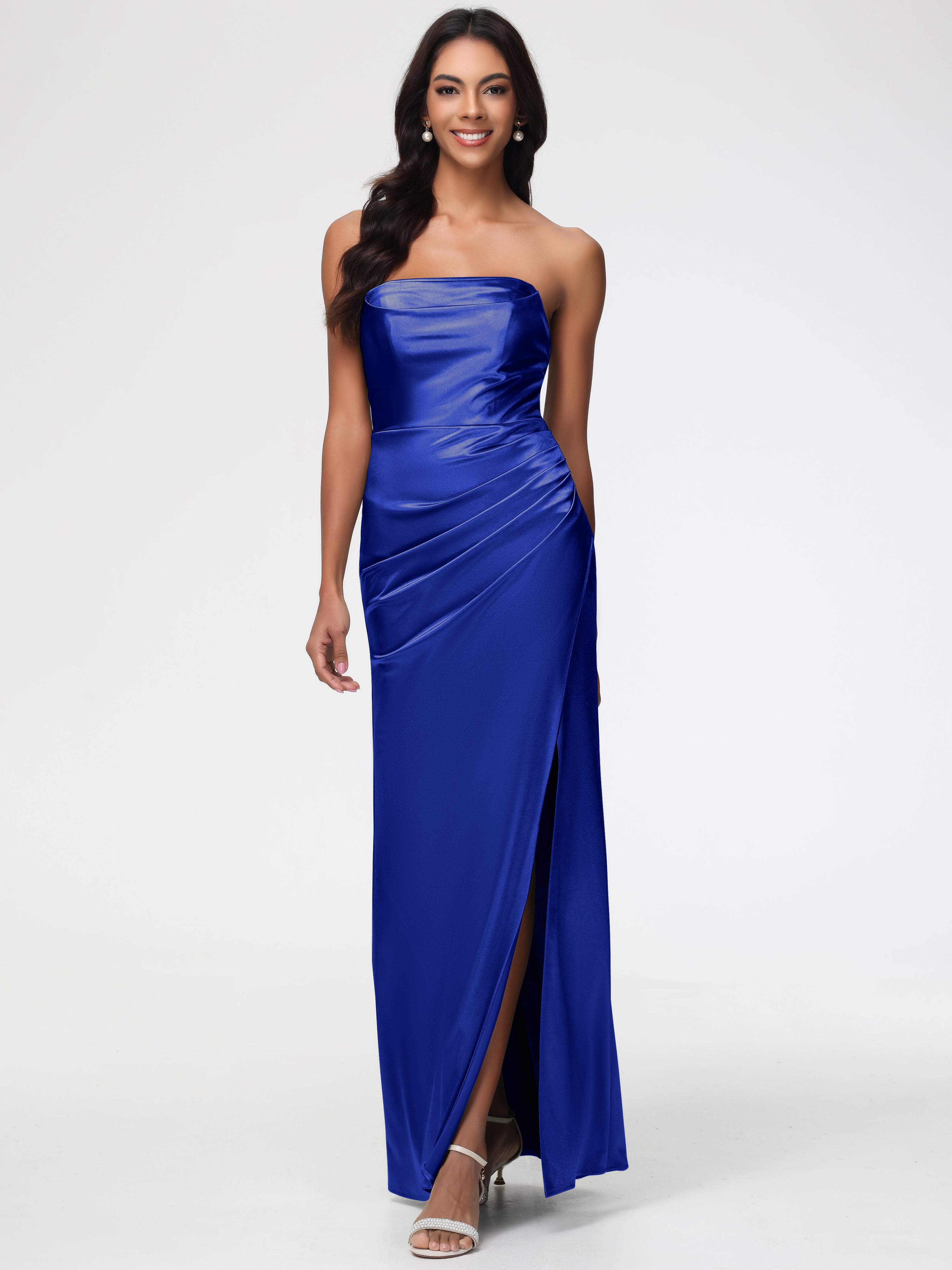 Robes De Demoiselle D'Honneur Bleu Royal Sans Bretelle Satin Extensible Robe De Demoiselle D'Honneur Longue Plissée