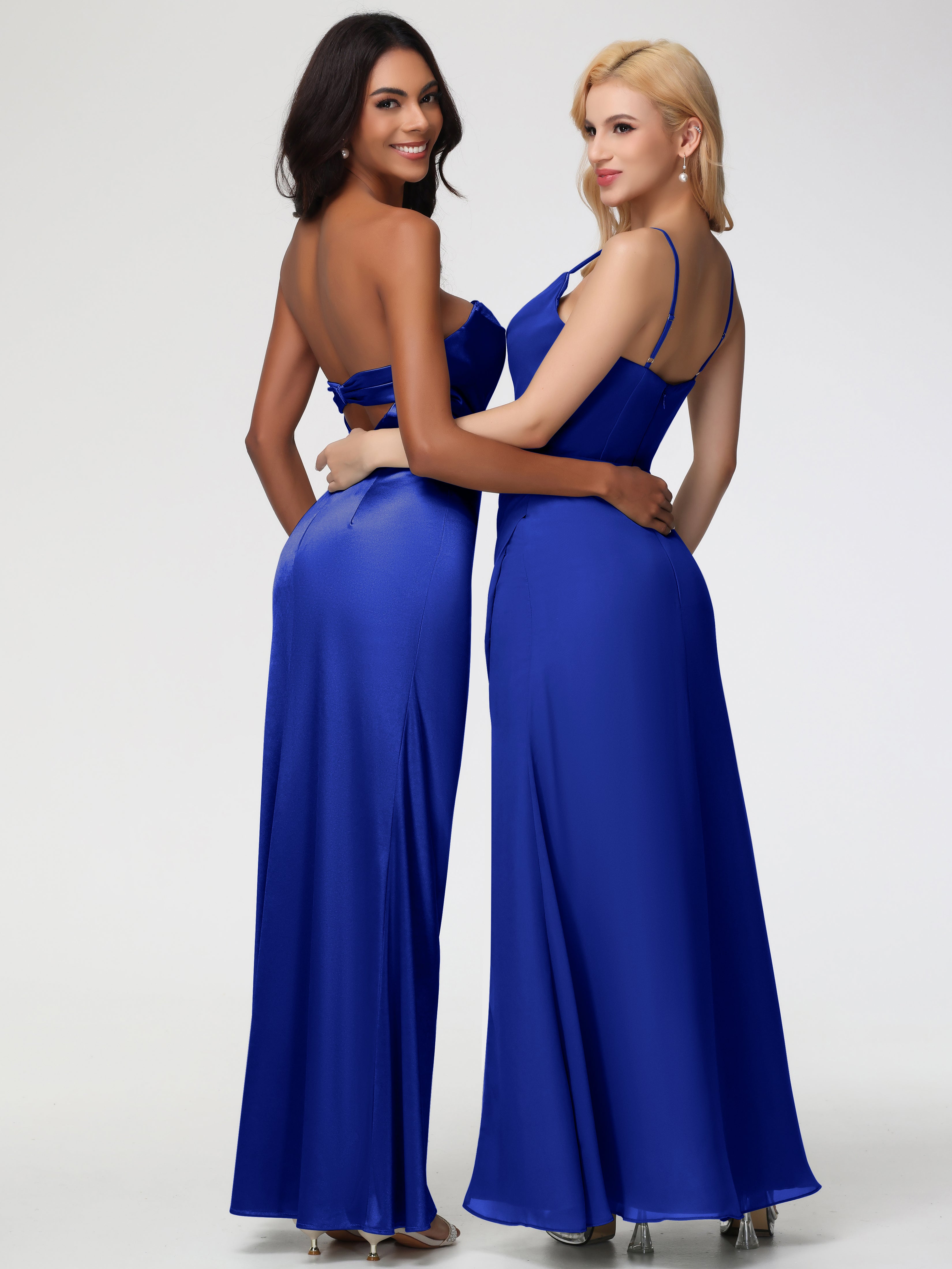 Robes De Demoiselle D'Honneur Bleu Royal Sans Bretelle Satin Extensible Robe De Demoiselle D'Honneur Longue Plissée