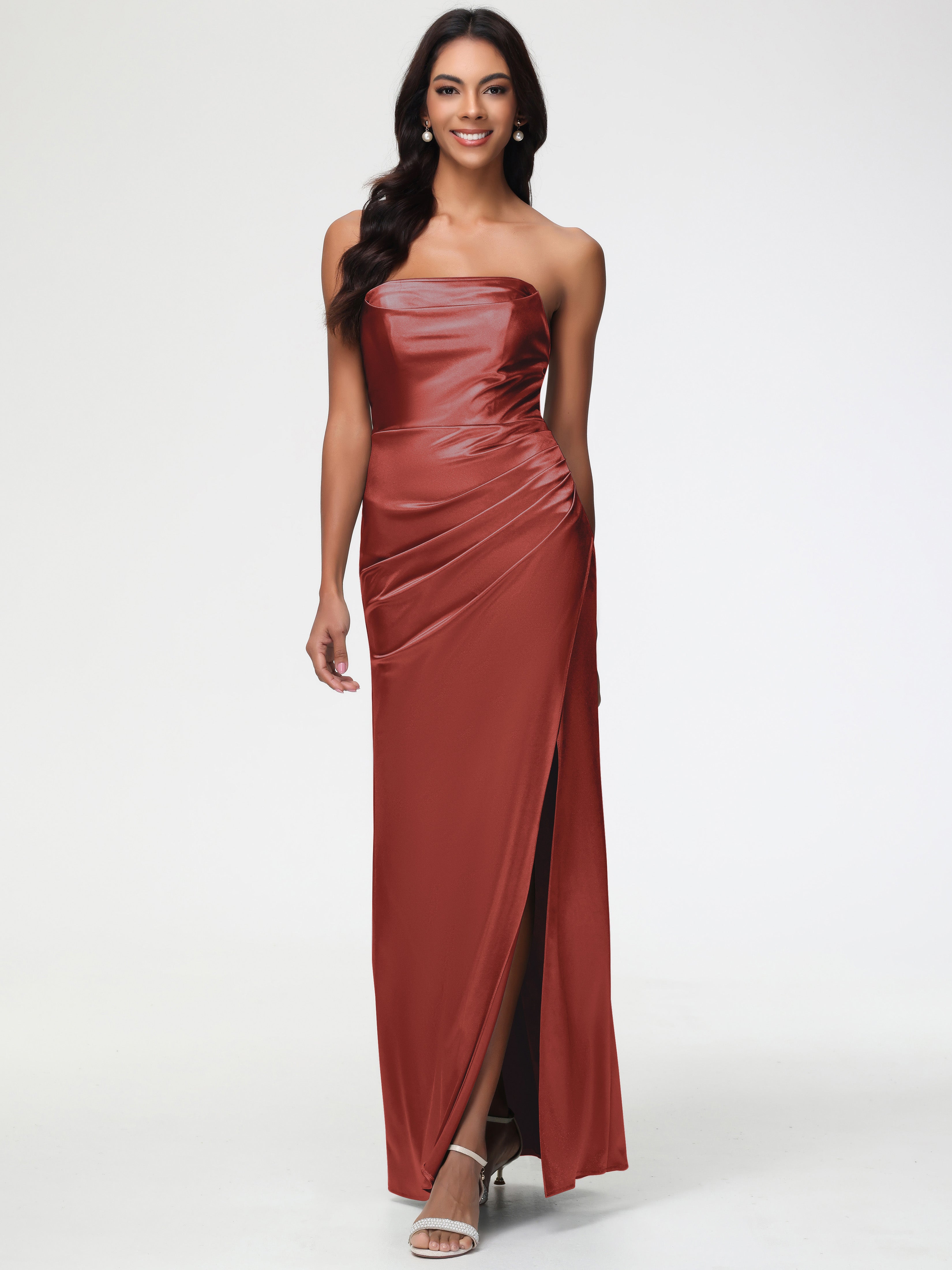 Robe De Demoiselle D'Honneur Rouille Sans Bretelle Satin Extensible Robe De Demoiselle D'Honneur Longue Plissée