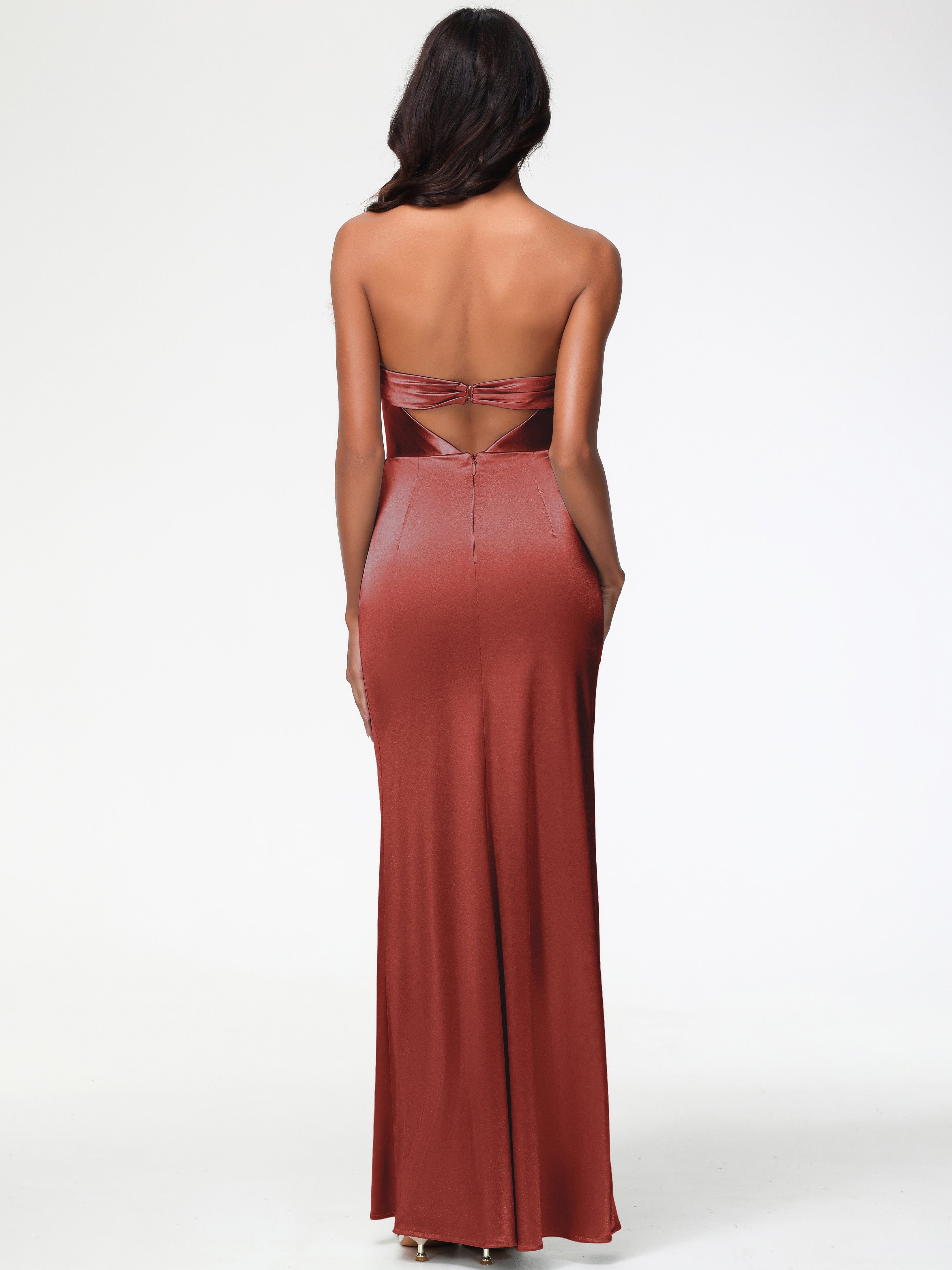 Robe De Demoiselle D'Honneur Rouille Sans Bretelle Satin Extensible Robe De Demoiselle D'Honneur Longue Plissée